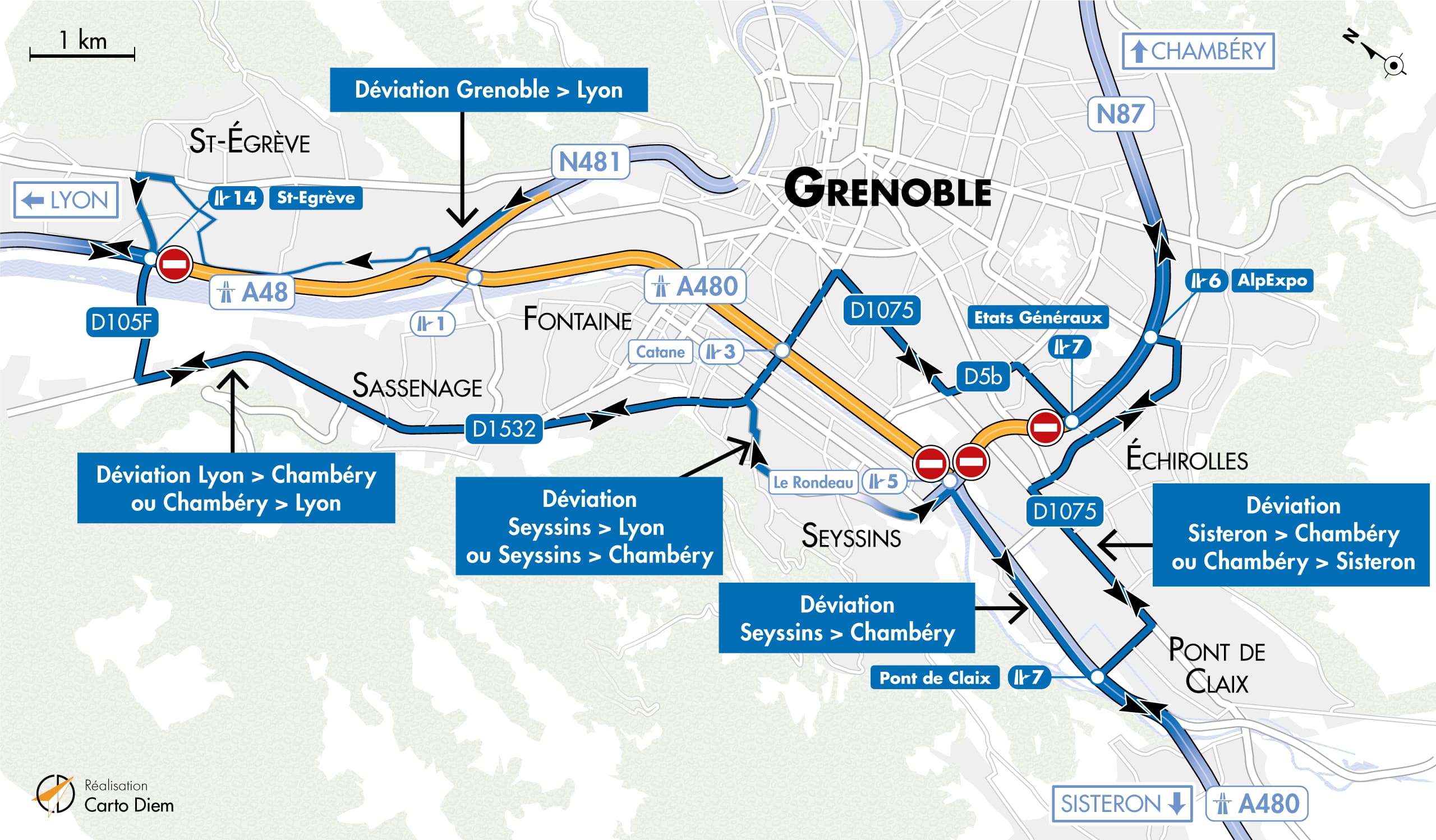 Carte de dévation suite à la fermeture de l'autoroute A480 entre le diffuseur de Saint-Egrève, le diffuseur du Rondeau, la biffurcation N481, le diffuseur d'Oxford et la bretelle d'entrée depuis la nationale N87
