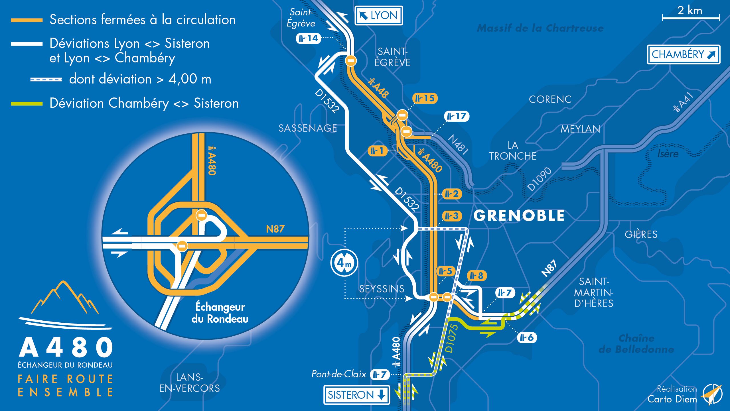 Carte de dévation suite à la fermeture de l'autoroute A480 entre le diffuseur de Saint-Egrève, le diffuseur de Seyssins, la biffurcation N481, le diffuseur d'Oxford et la bretelle d'entrée depuis la nationale N87