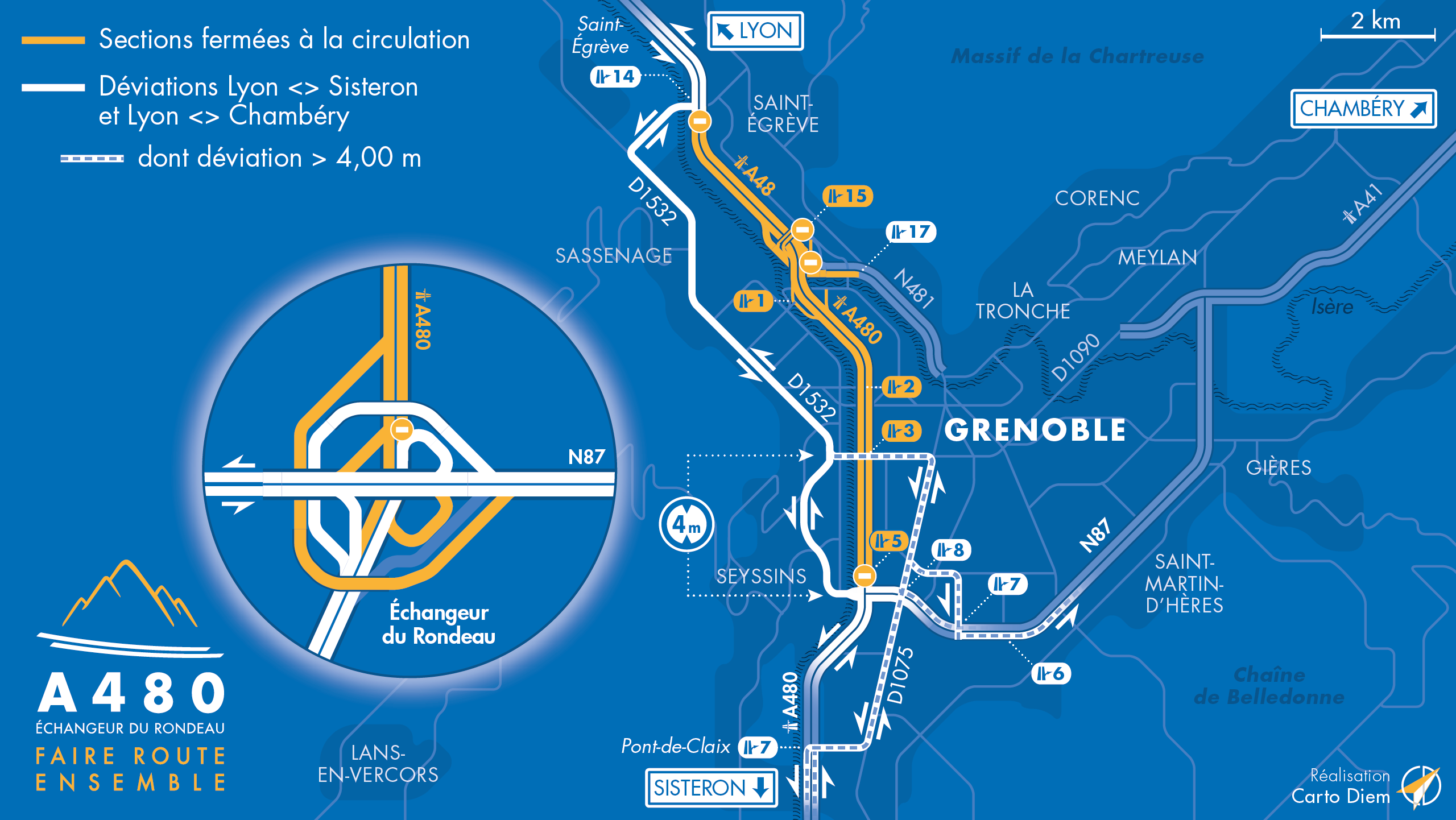 Carte de dévation suite à la fermeture de l'autoroute A480 entre le diffuseur de Saint-Egrève, le diffuseur de Seyssins, la biffurcation N481 et le diffuseur d'Oxford