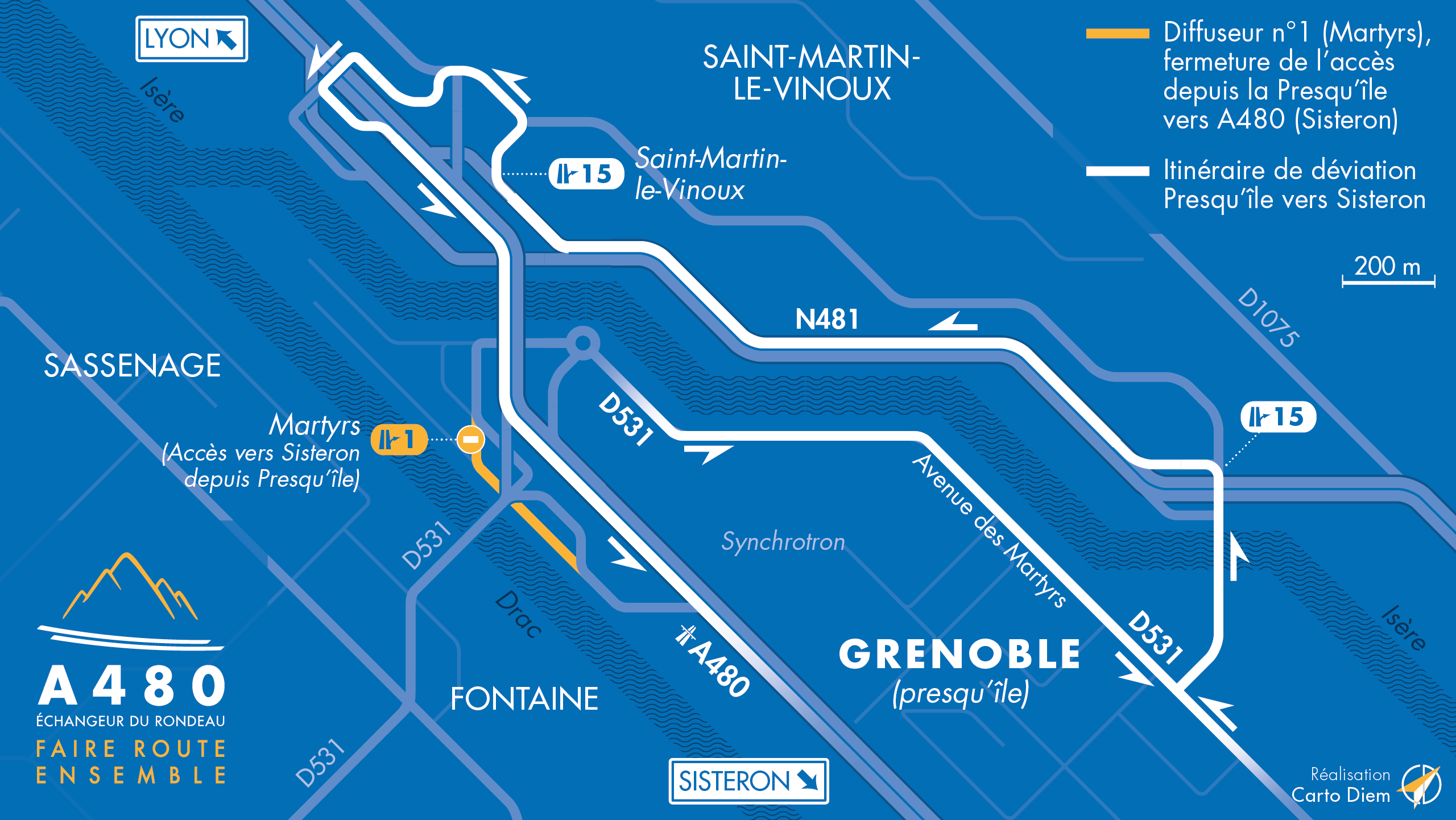 Carte de déviations mise à jour suite à la fermetures de bretelles sur le secteur de martyrs à Grenoble