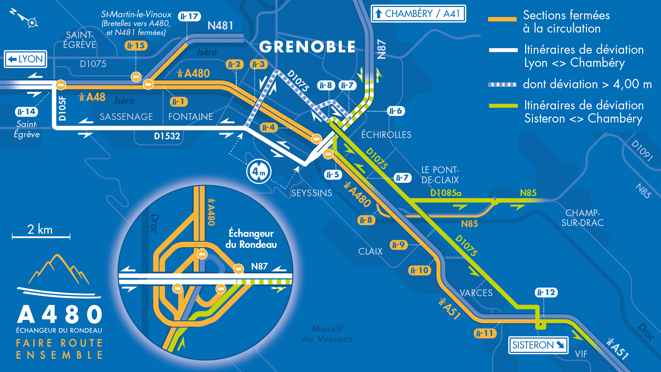 Carte de déviation suites aux fermetures partielles sur les autoroutes A48, A480, A51 la nuit du 27 septembre 2021 en direction de Chambery
