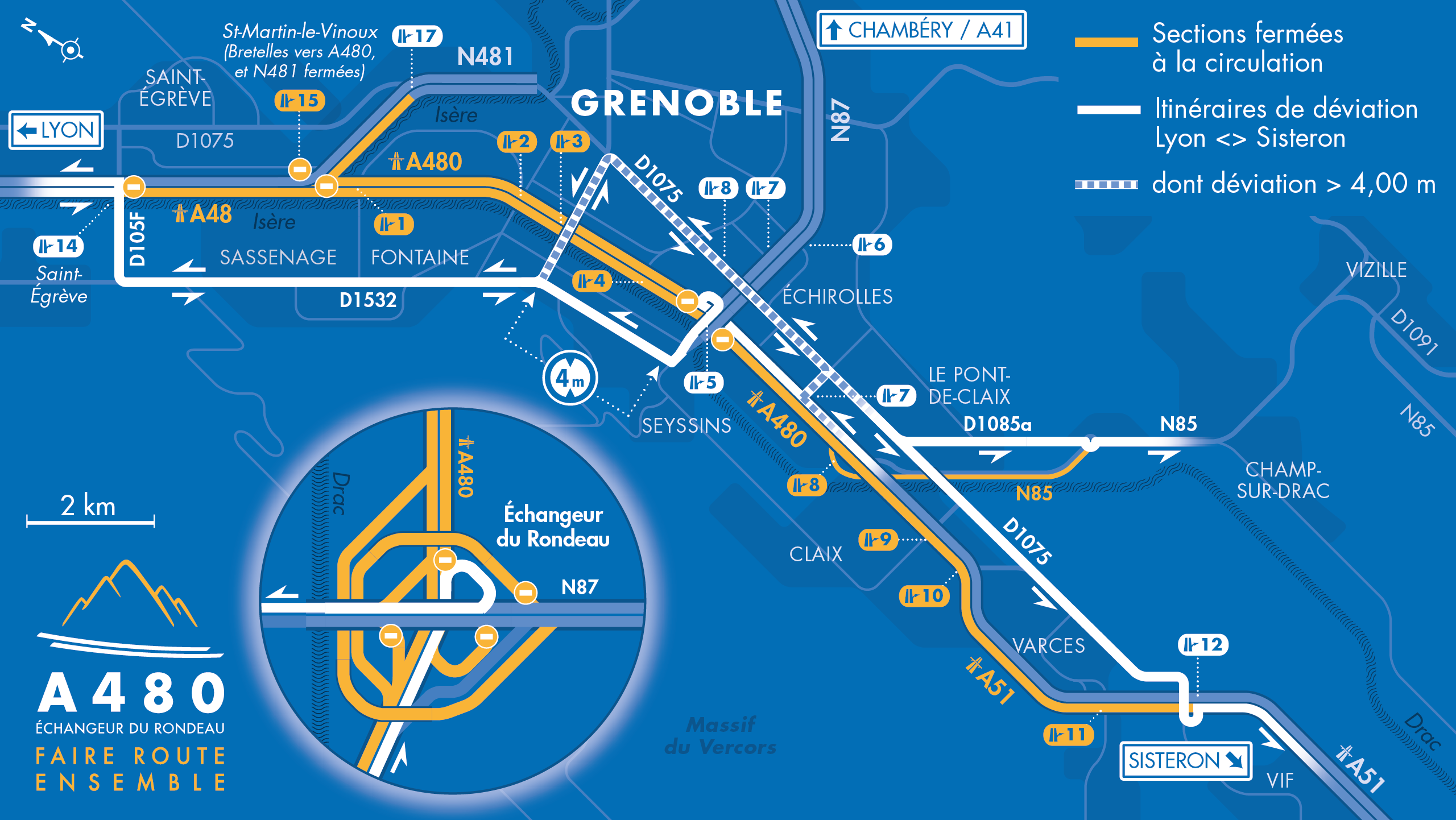 Carte de déviation suites aux fermetures partielles sur les autoroutes A48, A480, A51 la nuit du 27 septembre 2021 en direction de Systeron