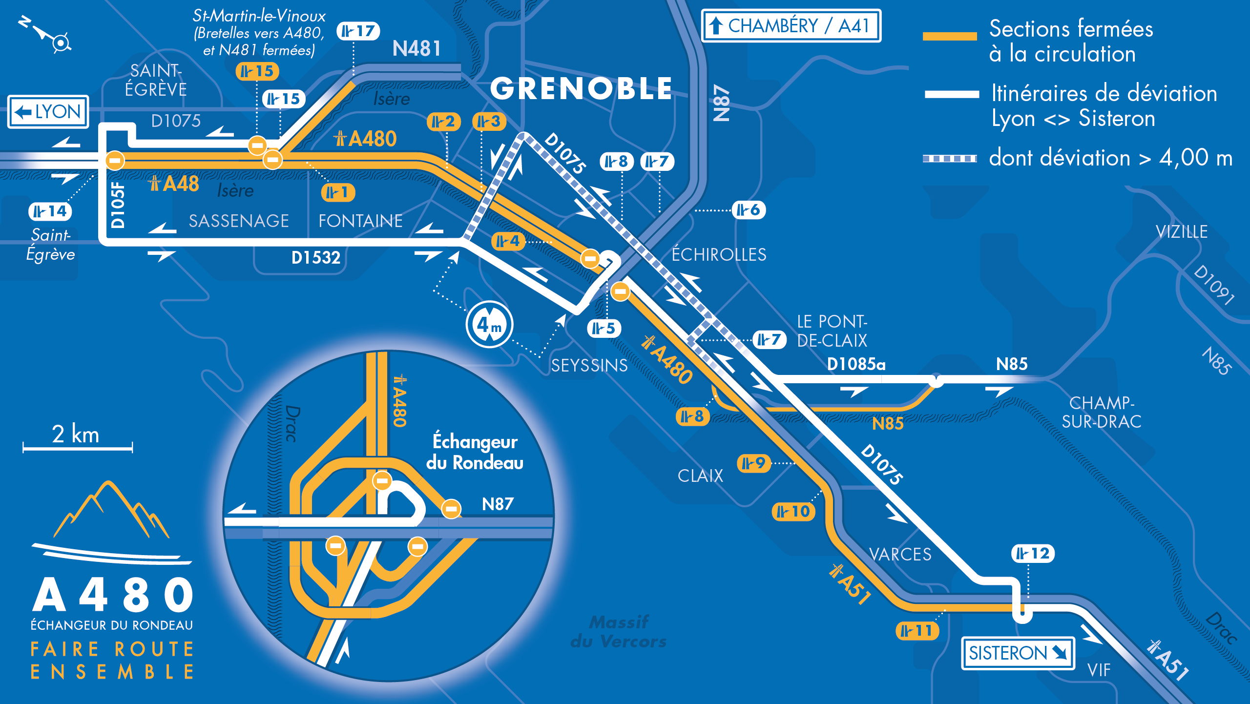 Carte de déviation suites aux fermetures partielles sur les autoroutes A48, A480, A51 la nuit du 28 septembre 2021 en direction de Systeron