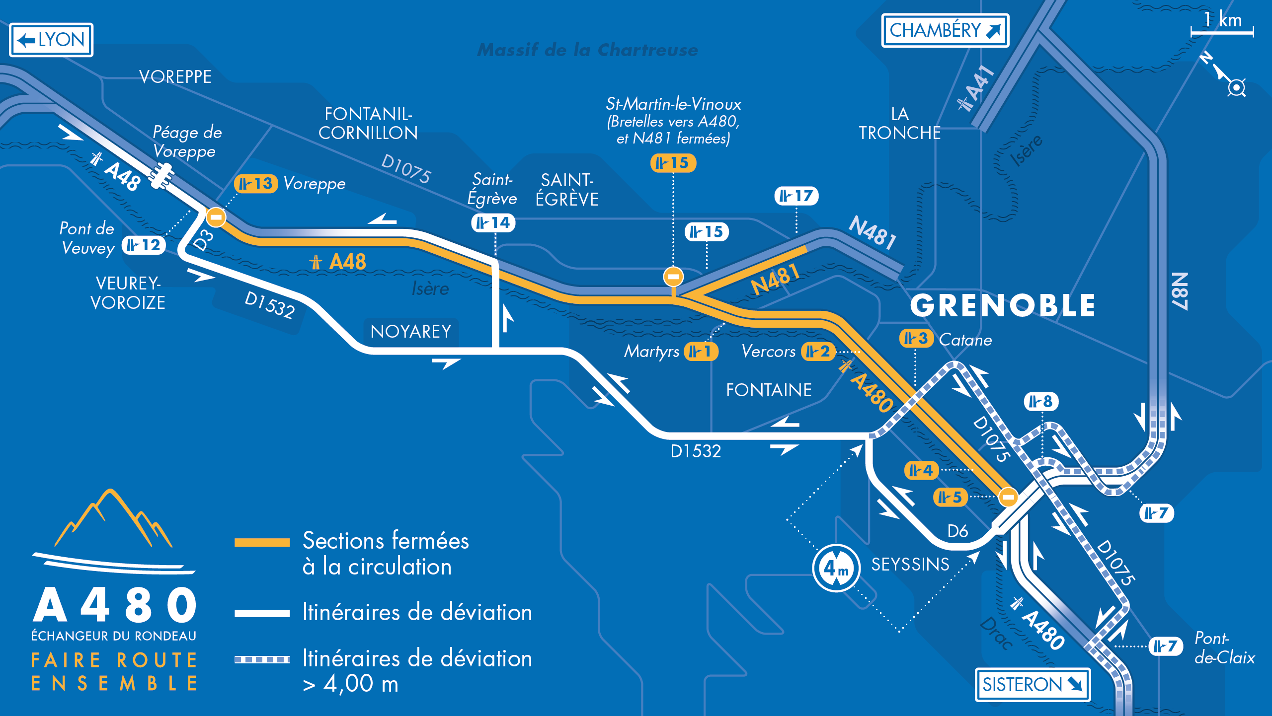 Carte de déviation suite à l'aménagement de l'autoroute A480 entre le diffuseur de Voreppe et le diffuseur de Seyssins