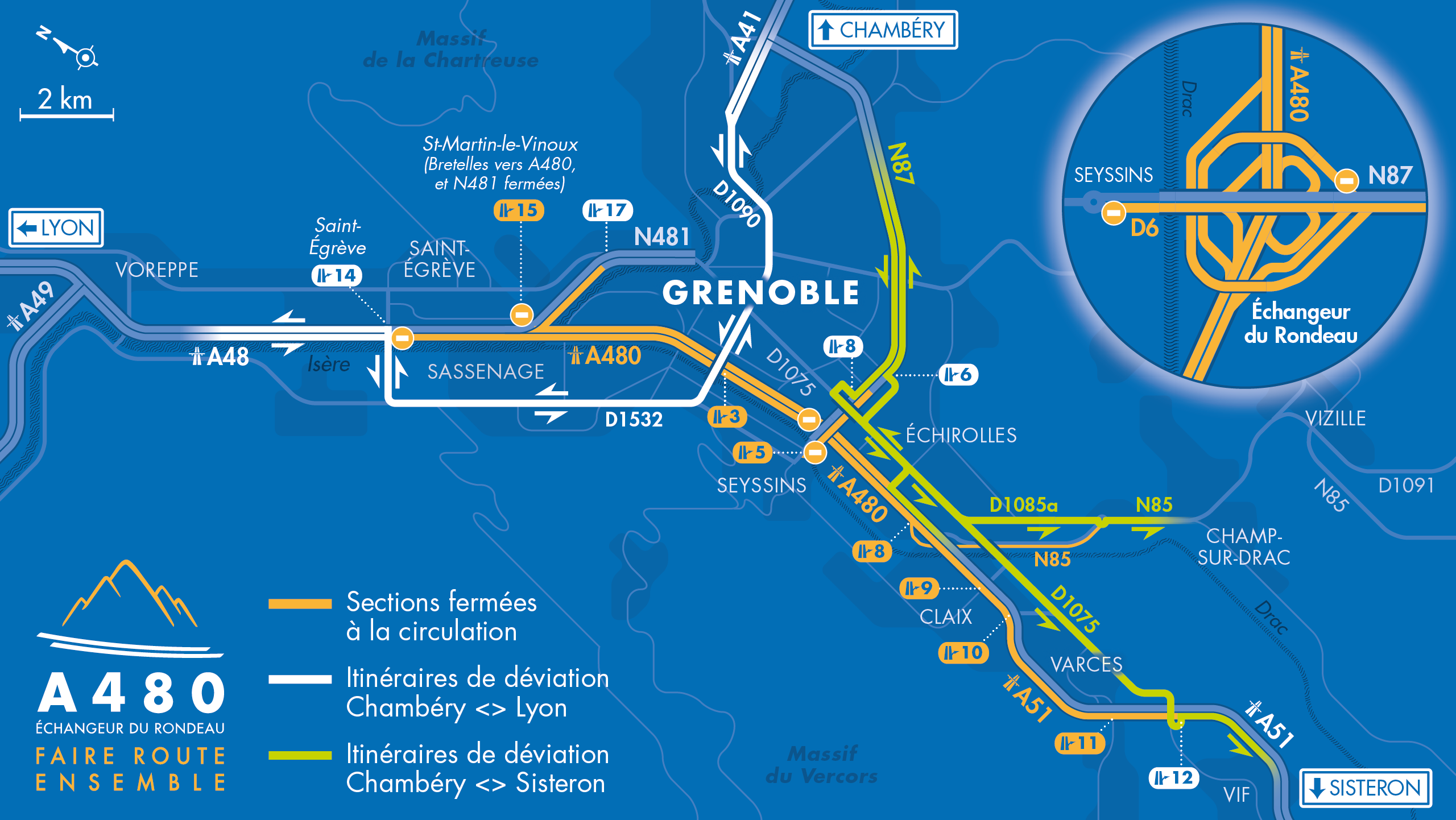 Carte de déviation vers/depuis Chambéry suite à l'aménagement de l'autoroute A480