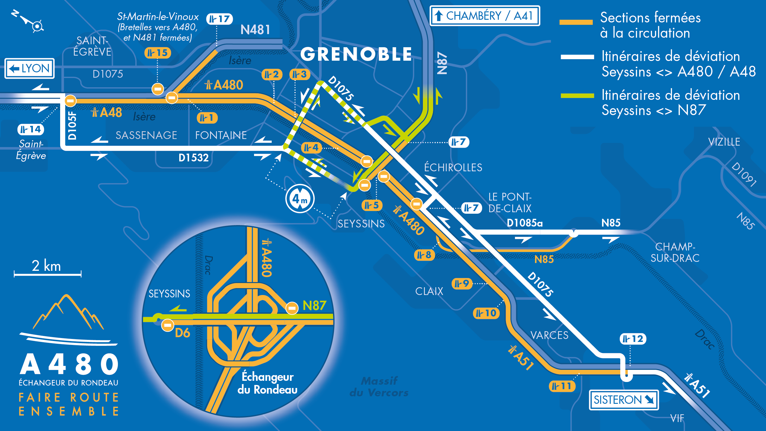 Carte de déviation vers/depuis Sisteron suite à l'aménagement de l'autoroute A480