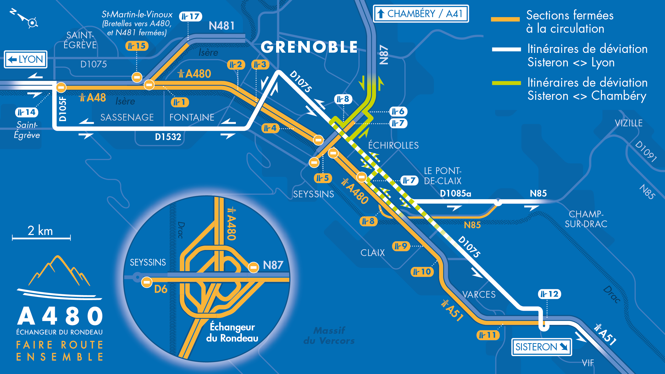 Carte de déviation vers/depuis Chambéry suite à l'aménagement de l'autoroute A480