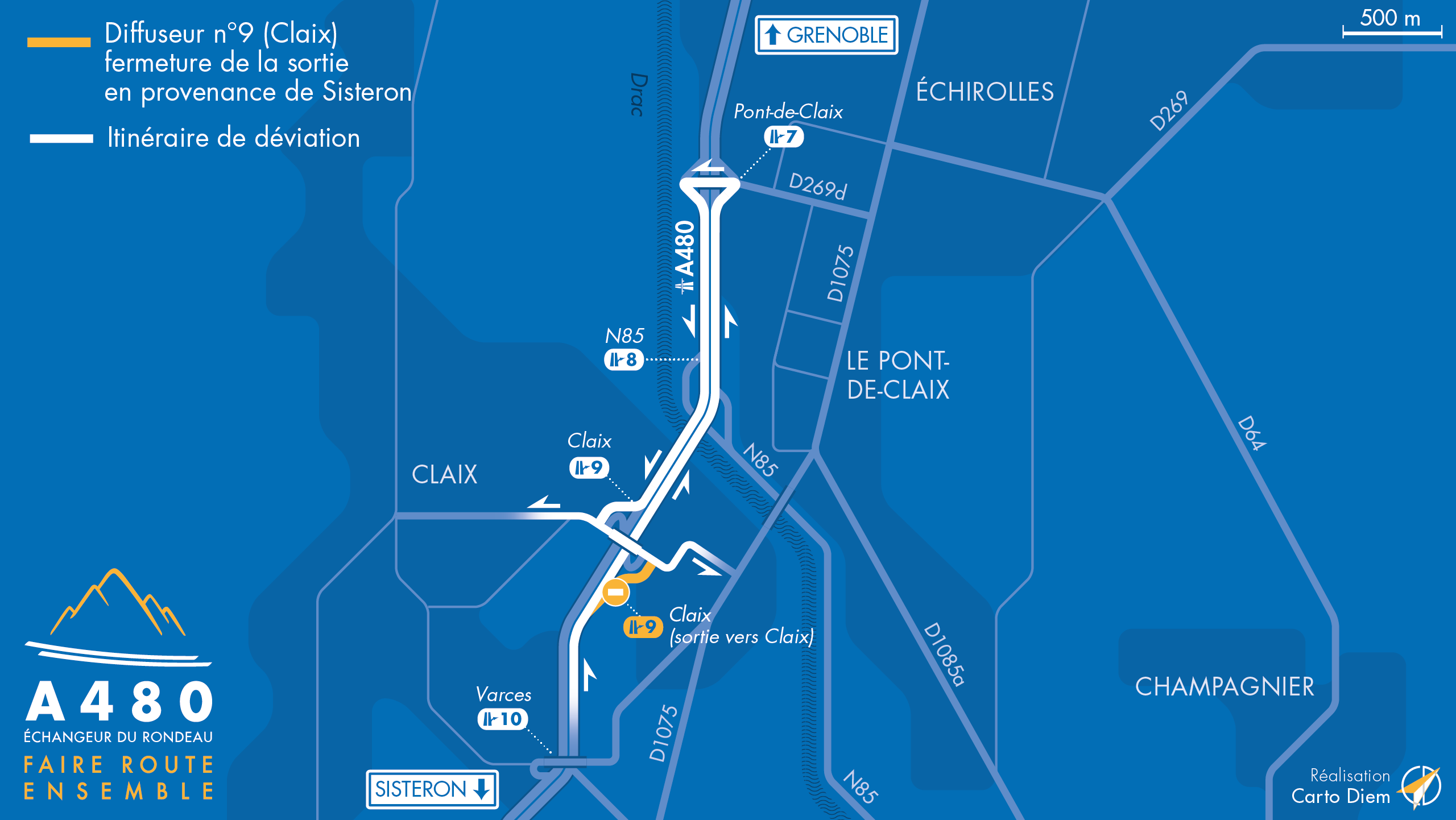 Carte de déviation suite à la fermeture de la bretelle de sortie au diffuseur de Claix (n°9)