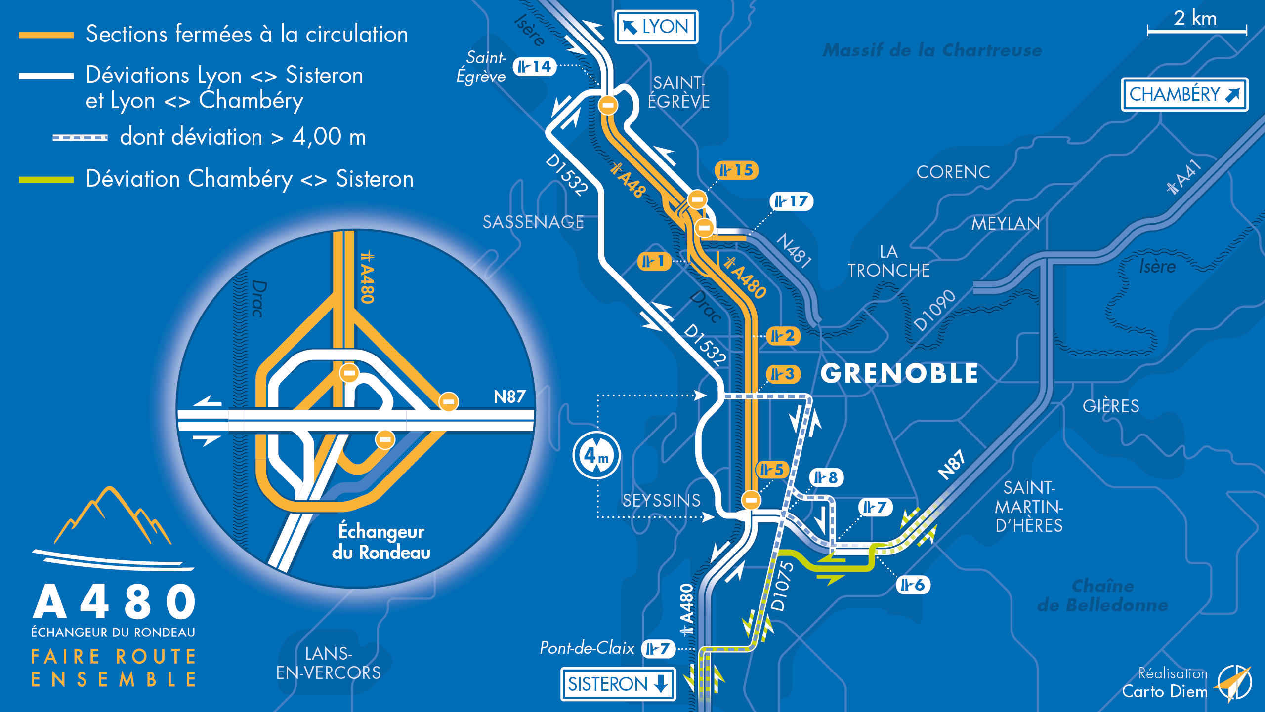 Carte de dévation suite à la fermeture de l'autoroute A480 entre le diffuseur de Saint-Egrève, le diffuseur de Seyssins et le diffuseur d'Oxford
