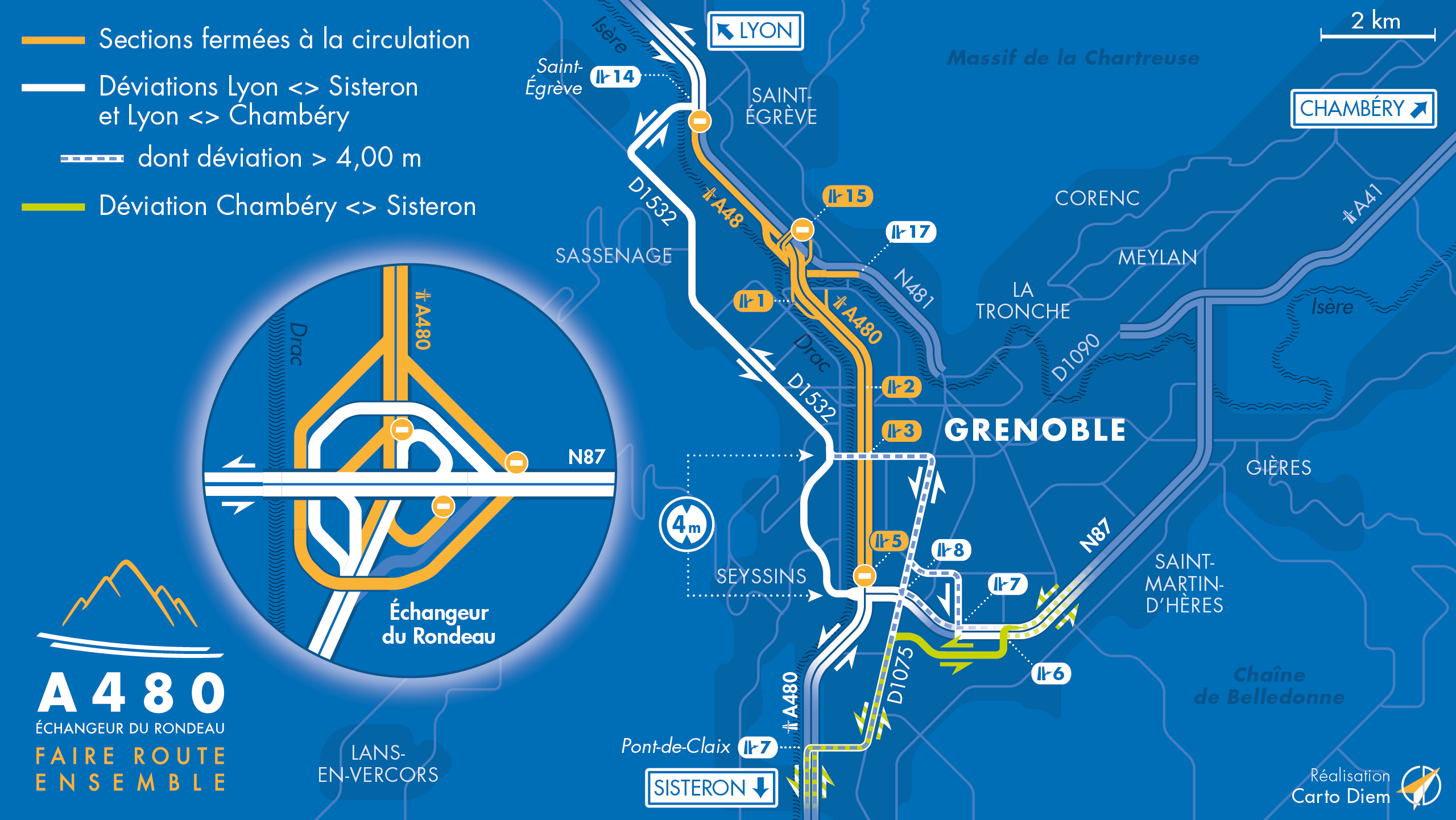 Carte de dévation suite à la fermeture de l'autoroute A480 entre le diffuseur de Saint-Egrève, le diffuseur de Seyssins, la biffurcation N481 et le diffuseur d'Oxford