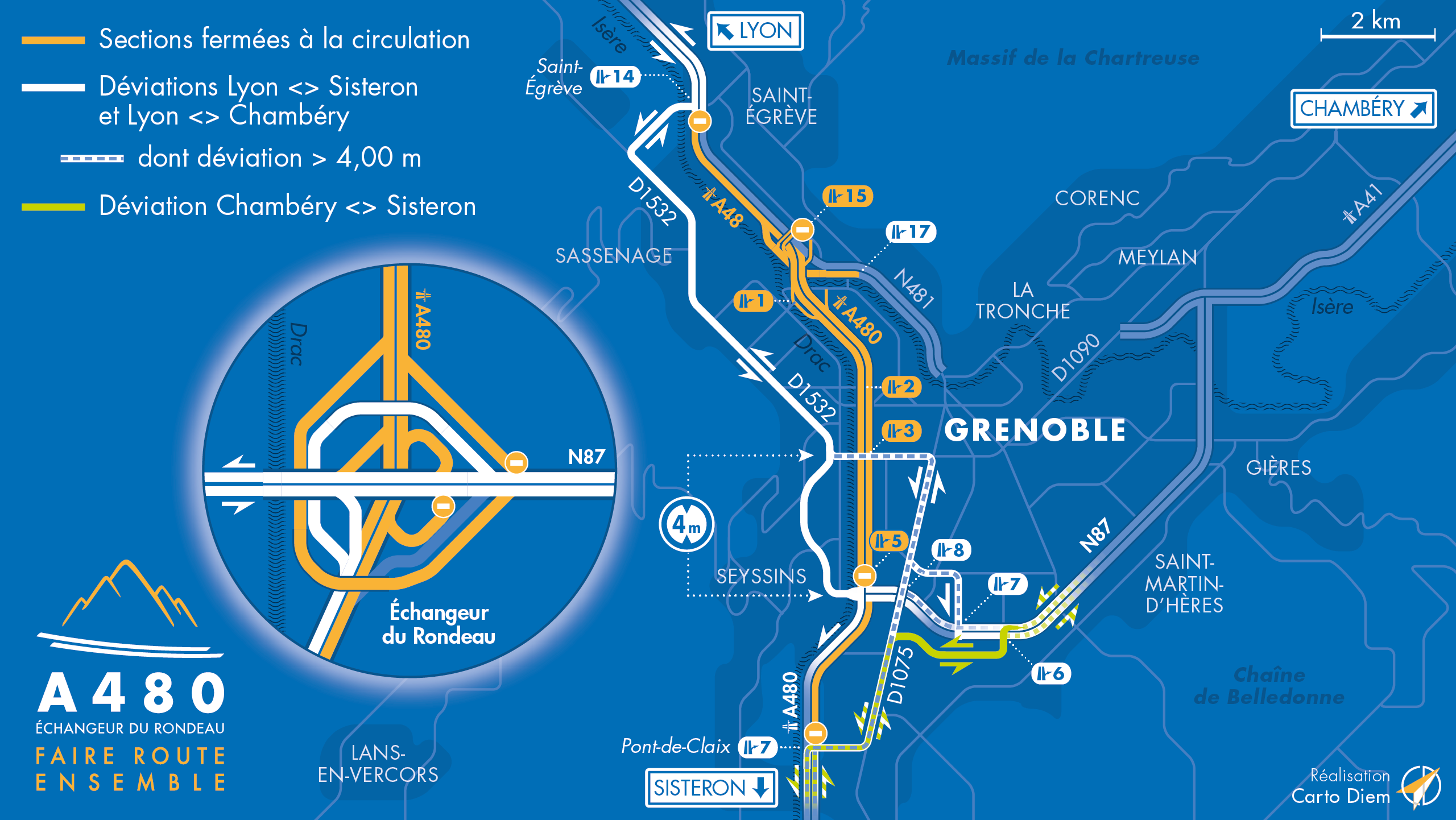 carte des déviations suite à la fermeture des diffuseur entre Saint-Égrève, le Rondeau, le pont de Claix et la biffurcation vers la N481.