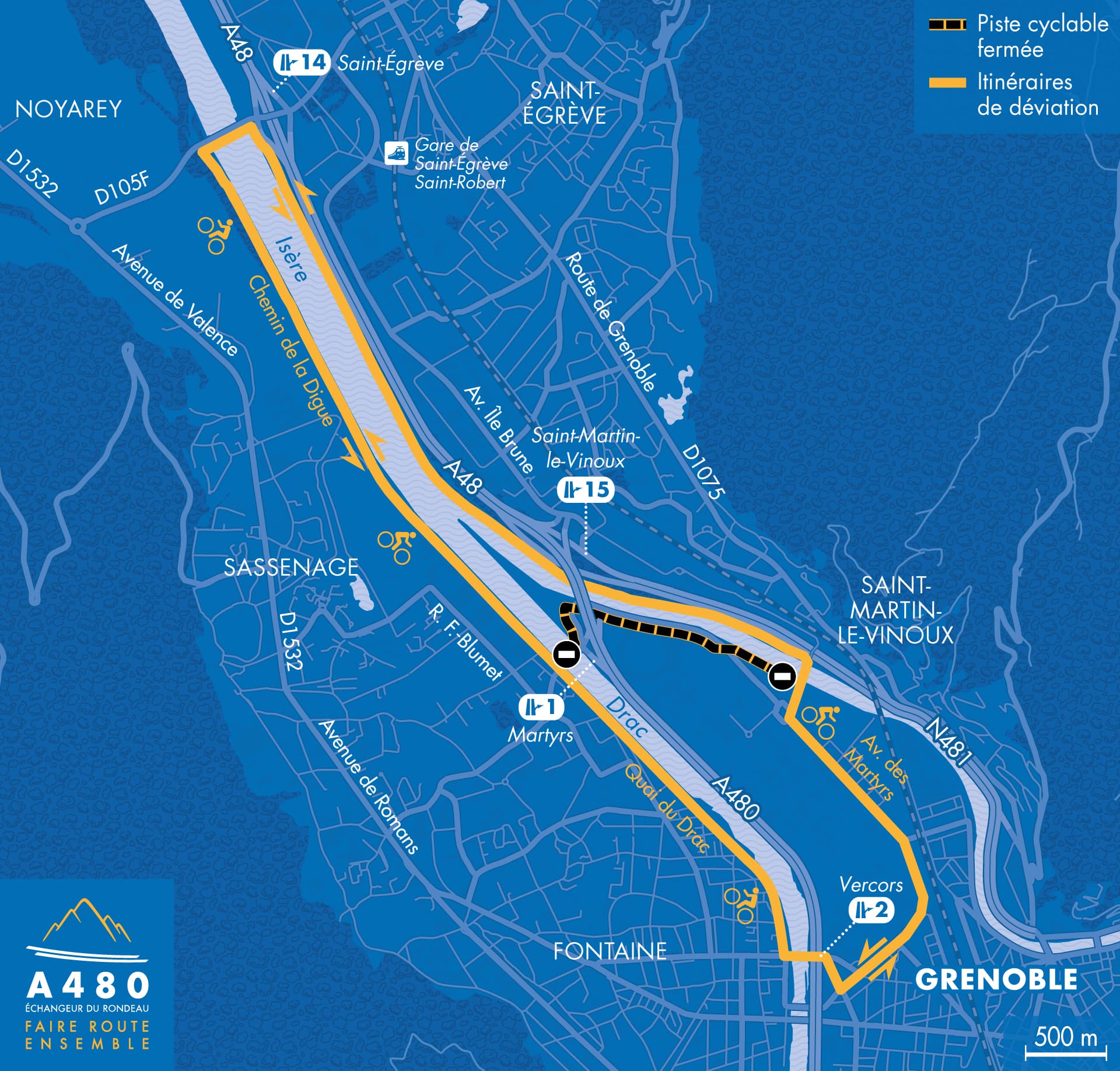 Carte de déviation suite aux travaux sur la piste cyclable de la rive gauche de l'Isère