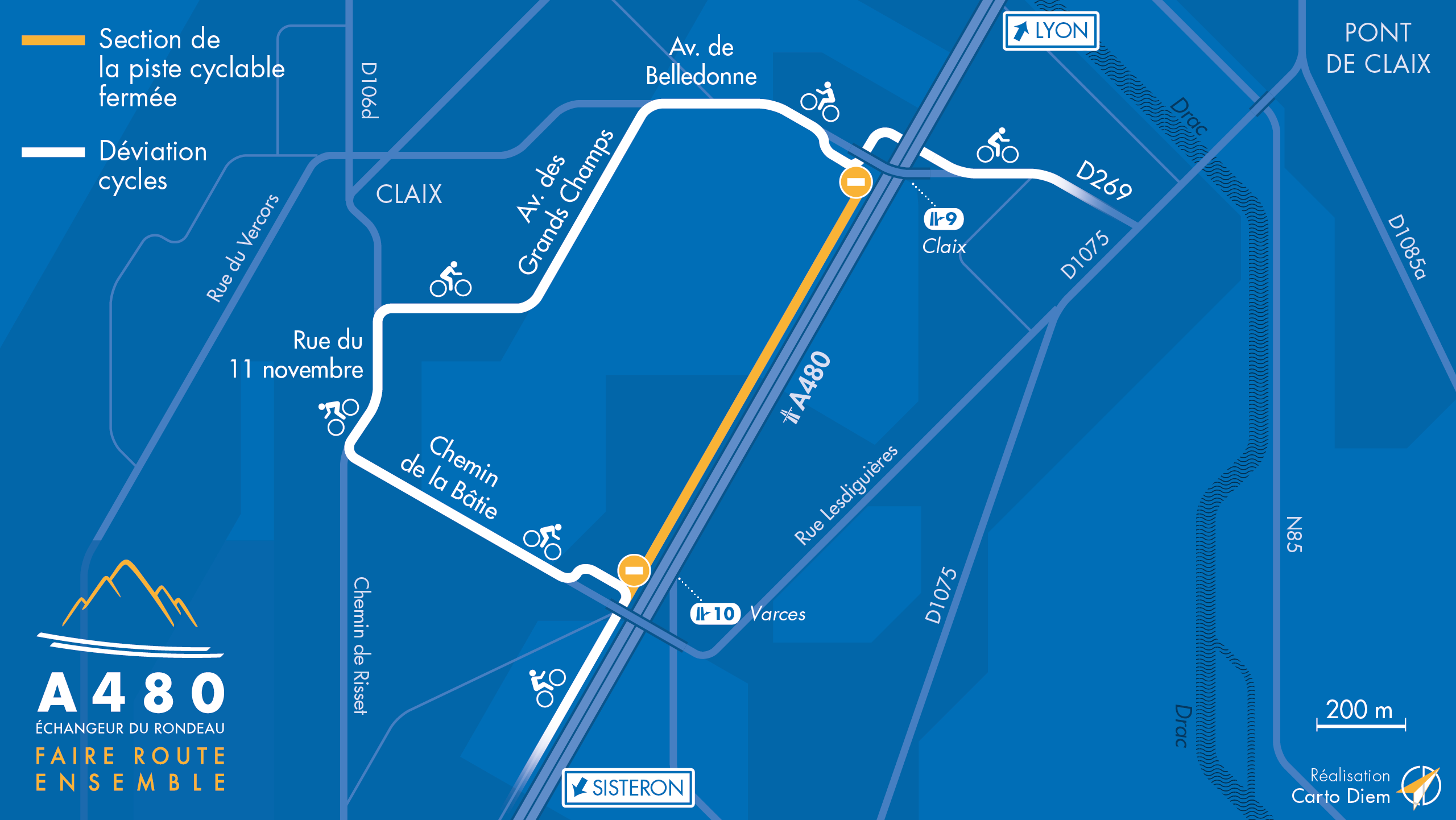 Carte de déviation suite à la fermeture de la piste cyclable sur le secteur de Claix près de l'autoroute A480