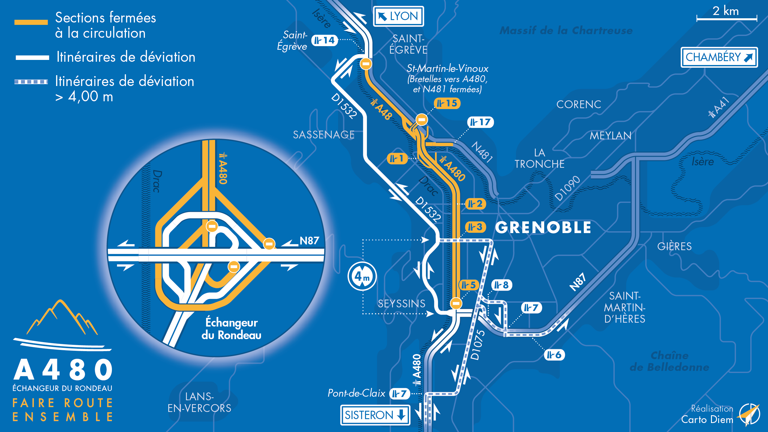 carte de déviation entre le diffuseur de saint Egrève et le diffusueur de seyssin sur l'autoroute urbaine A480