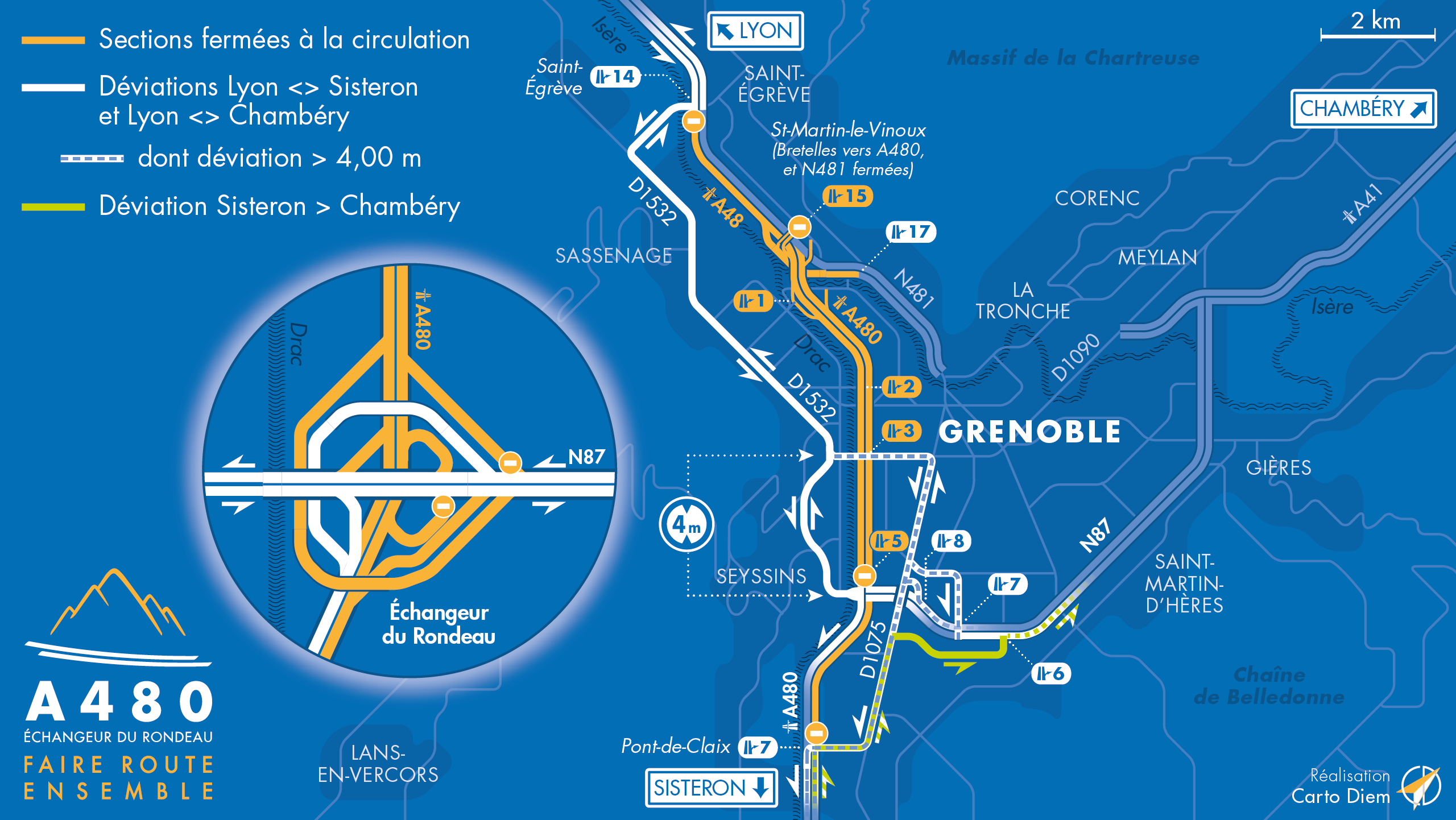 carte de déviation suite à l'aménagement de l'autoroute A480