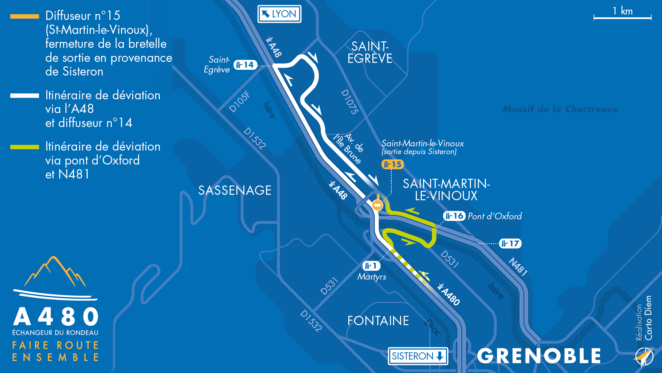 carte de déviation suite à la fermeture de la brette de sortie  Z.I. Saint-Martin-le-Vinoux / Z.A. Saint-Égrève