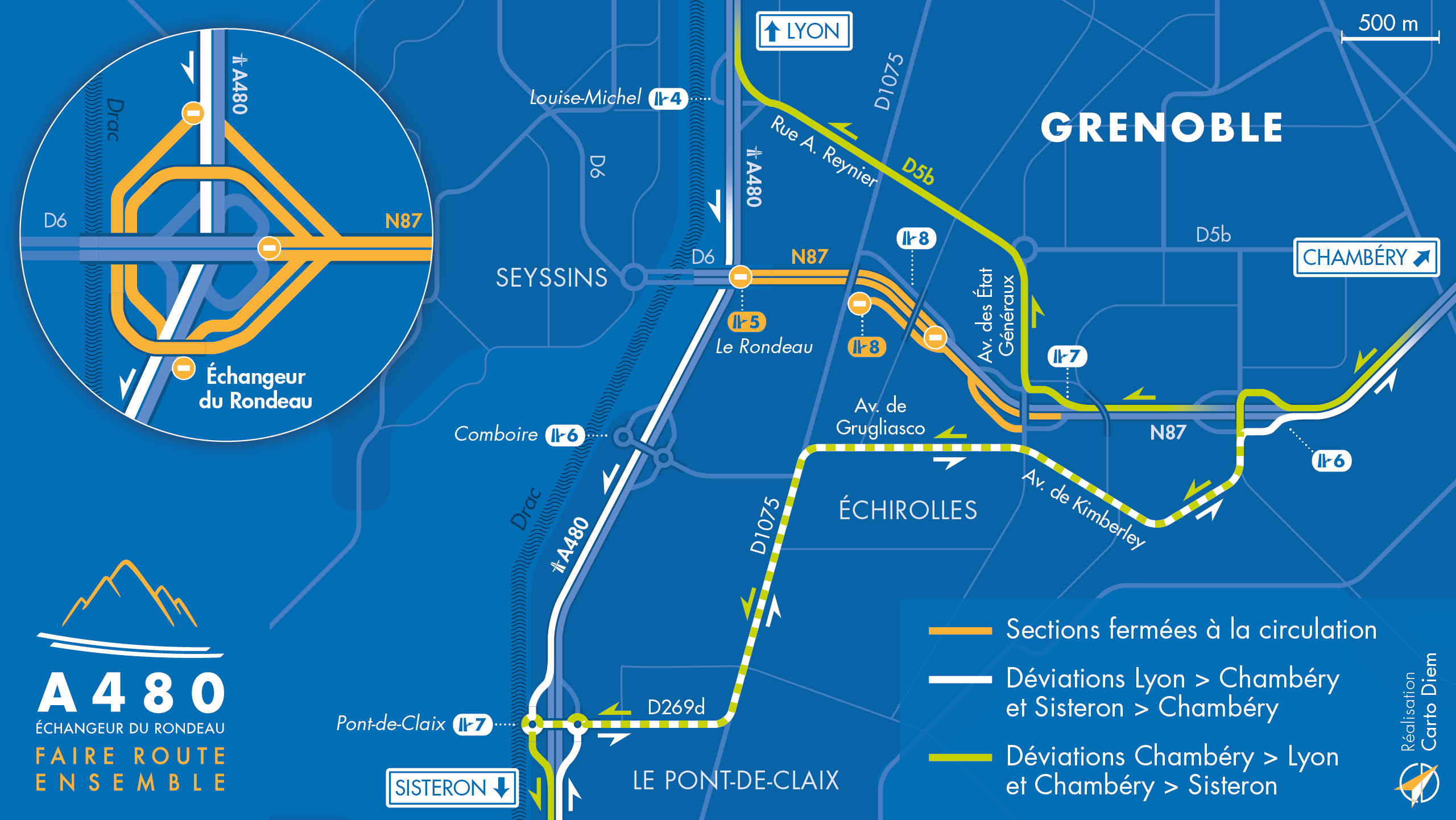Carte de déviation suite à la fermeture de la route nationale N87 dans le cadre de l'aménagement de l'autoroute urbaine A480