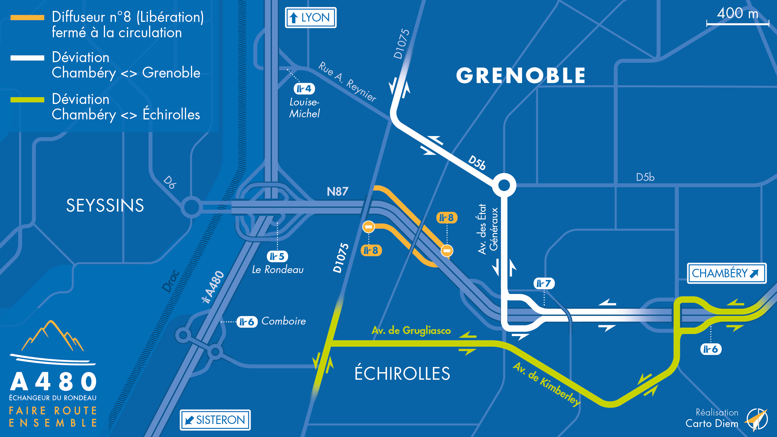 Carte de déviation sur l'échangeur de la Libération (n°8) de la nationale N87 suite à l'intervention de la SNCF