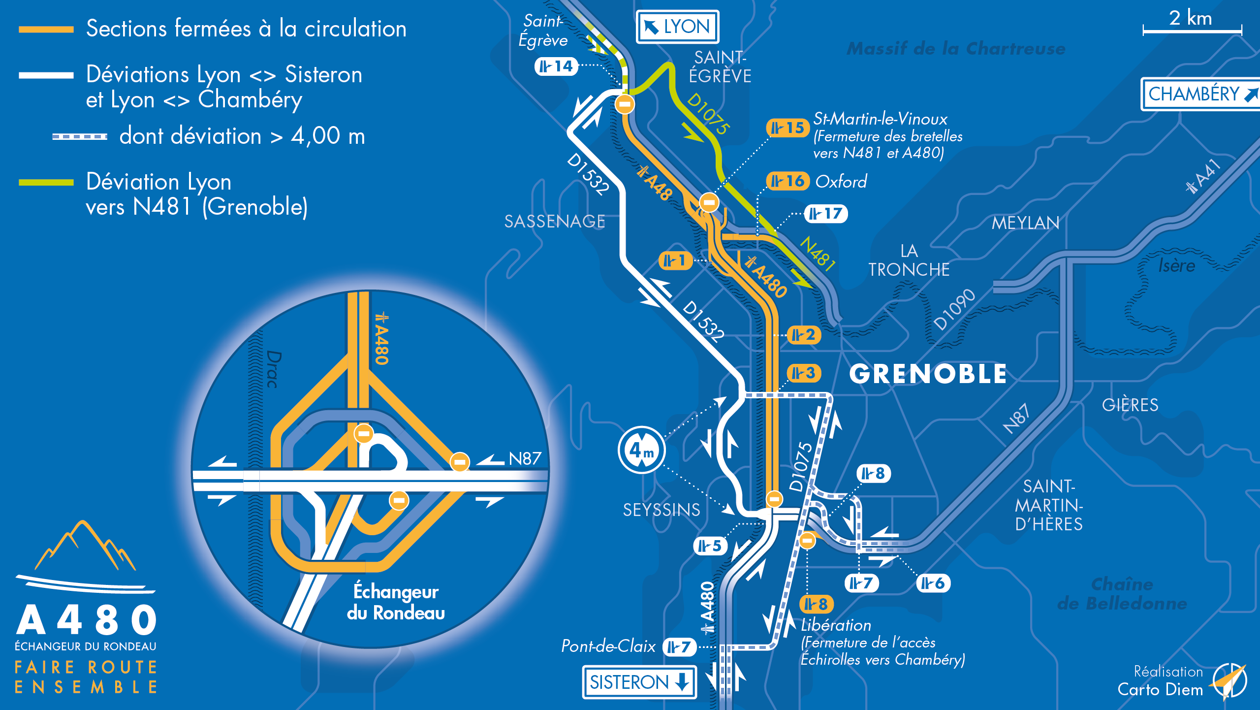 Carte de déviation suite à l'aménagement de l'autoroute urbaine A480 par les équipes d'AREA