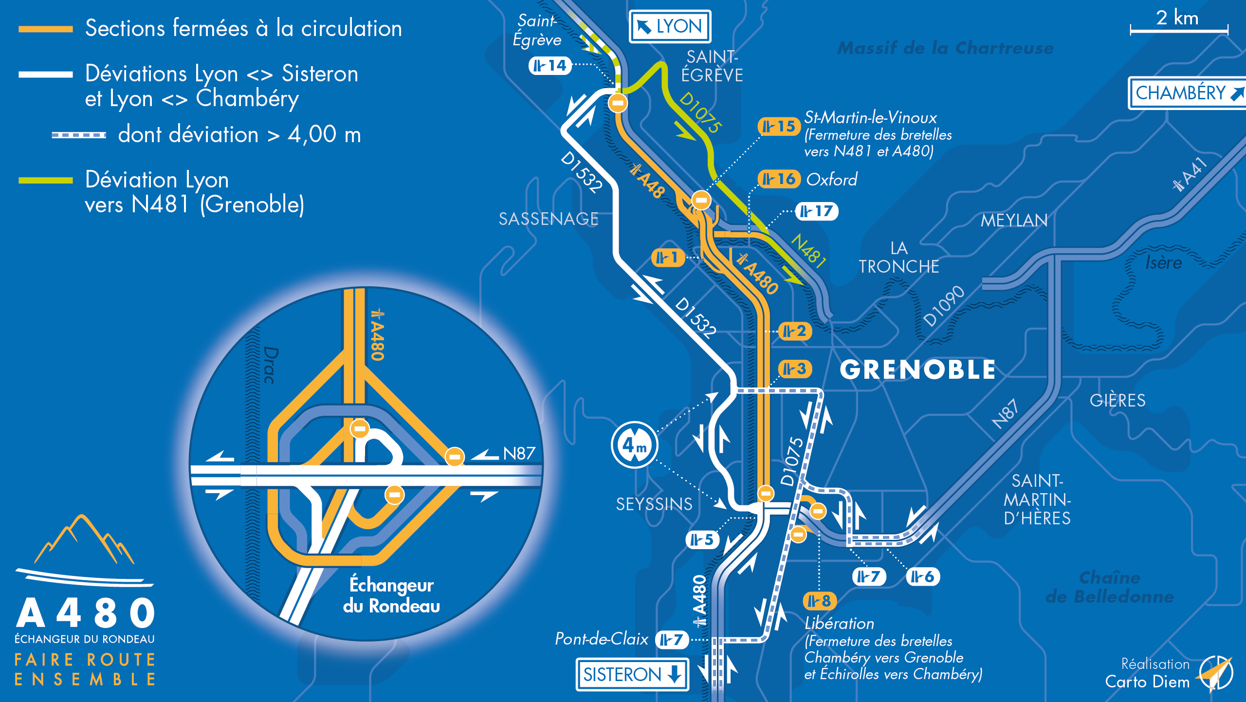 Carte de déviation suite à l'aménagement de l'autoroute urbaine A480 par les équipes d'AREA