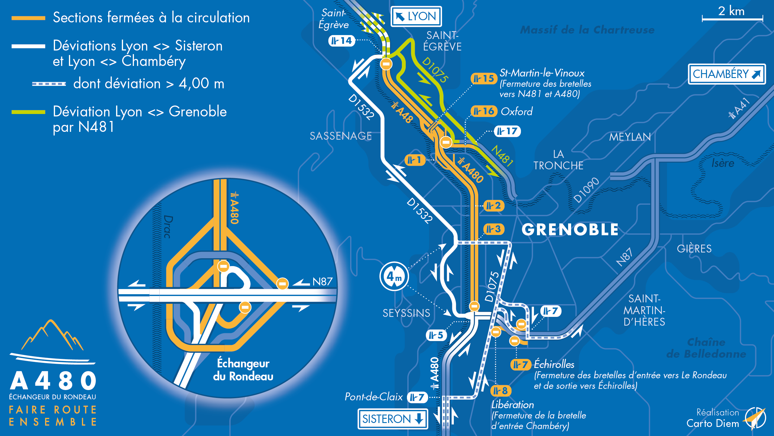 Carte de déviation suite à l'aménagement de l'autoroute urbaine A480 par les équipes d'AREA
