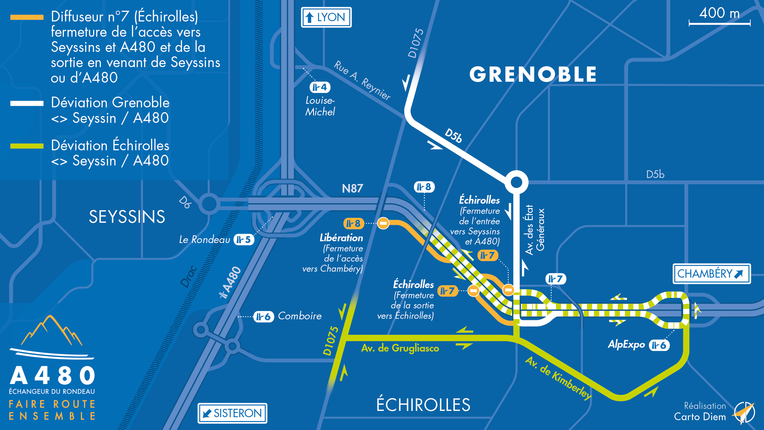 Carte de déviation suite à la fermeture de l'échangeur Echirolles (n°7) et échangeur de la Libération (n°8) sur la nationale N87