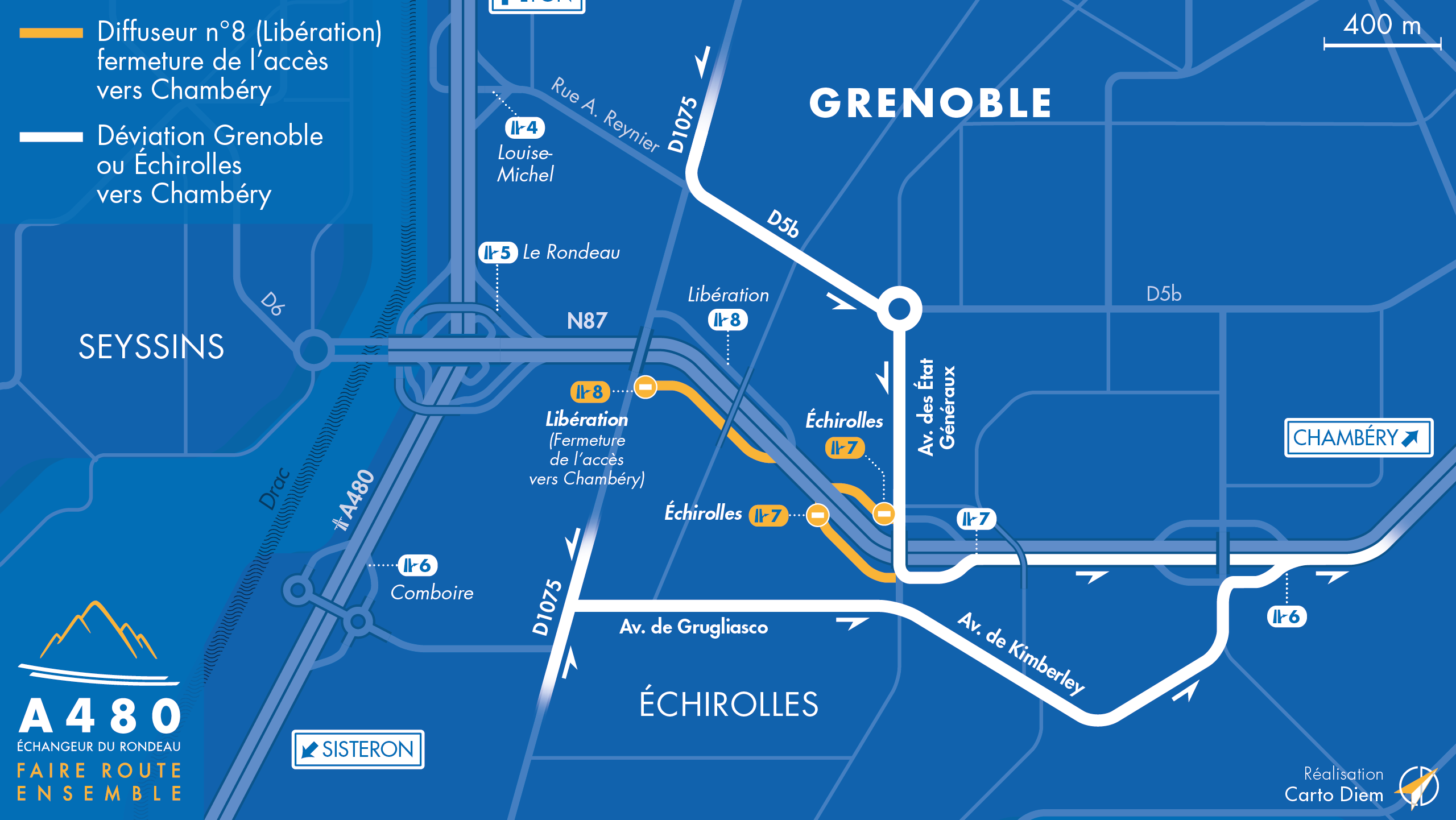 Carte de déviation suite à la fermeture de l'échangeur Echirolles (n°7) et échangeur de la Libération (n°8) sur la nationale N87