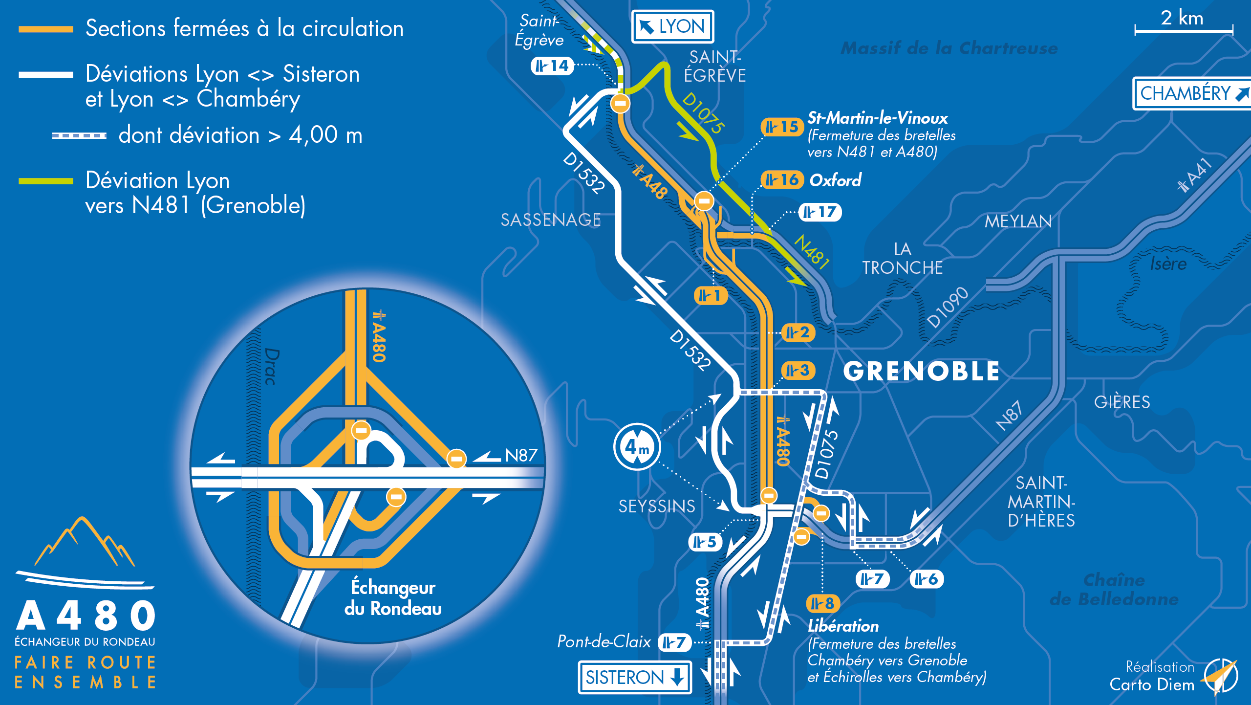 Carte de déviation suite à l'aménagement de l'autoroute urbaine A480 par les équipes d'AREA