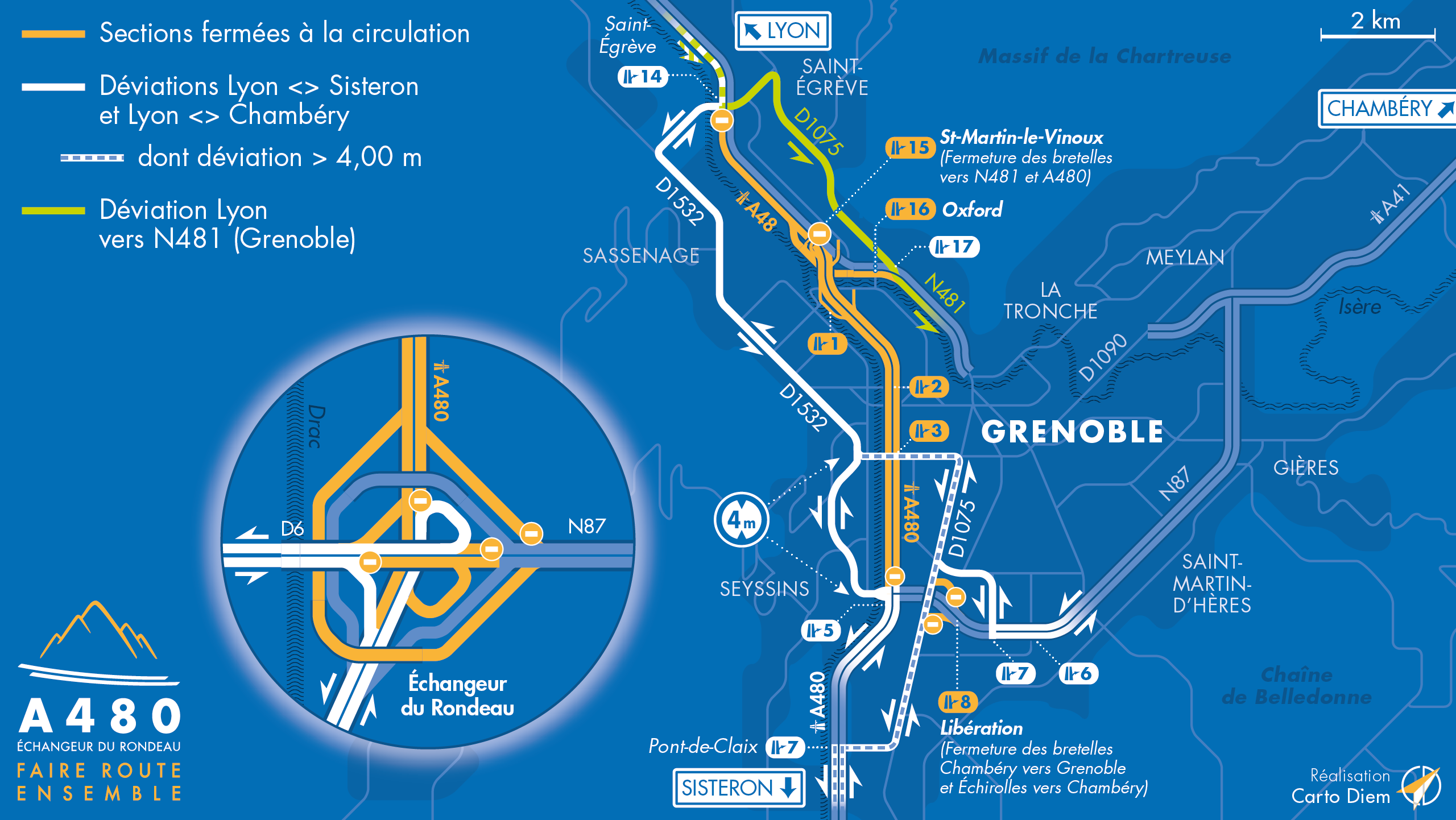 Carte de déviation suite à l'aménagement de l'autoroute urbaine A480 par les équipes d'AREA