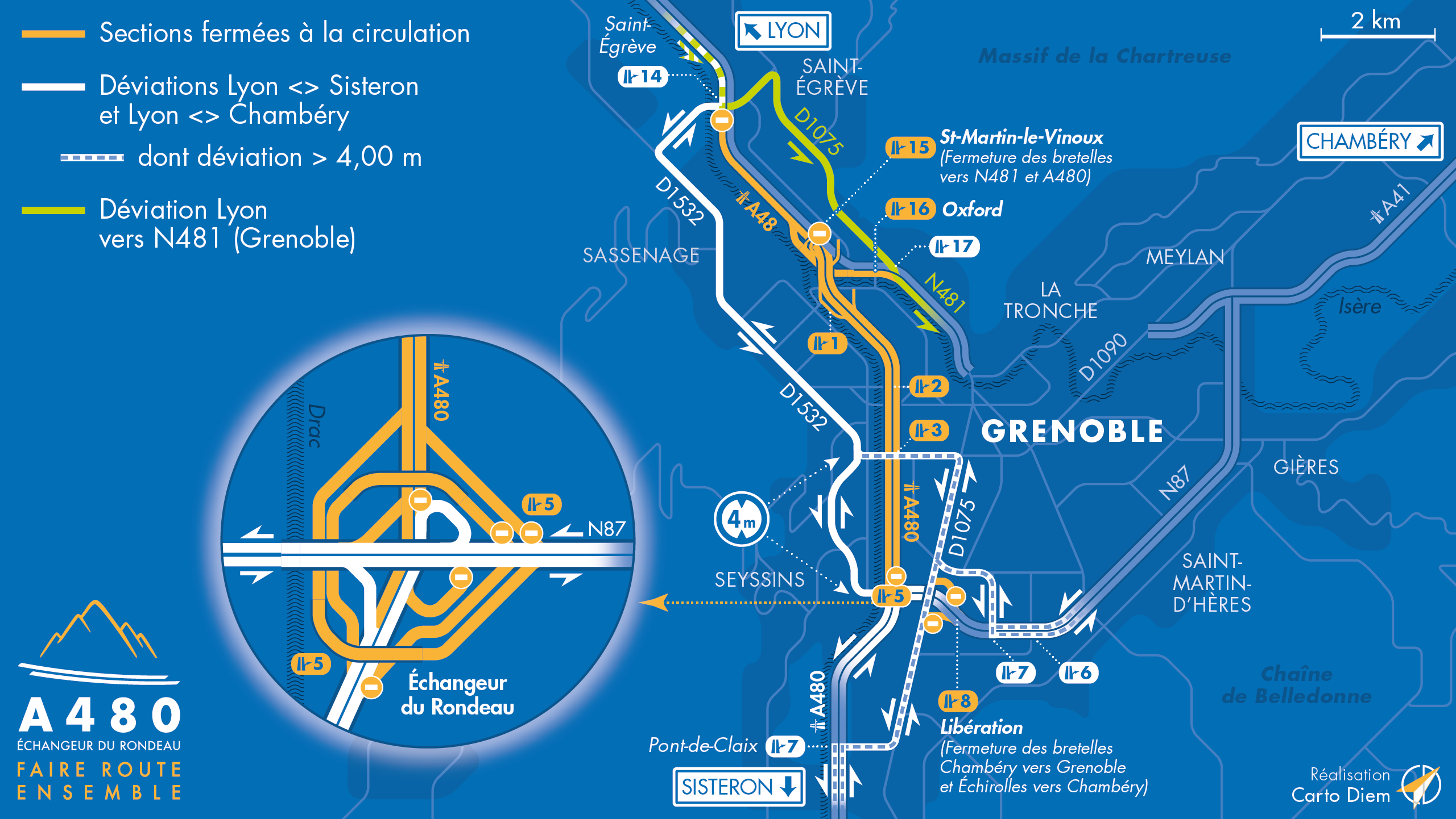 Carte de déviation suite à l'aménagement de l'autoroute urbaine A480 par les équipes d'AREA