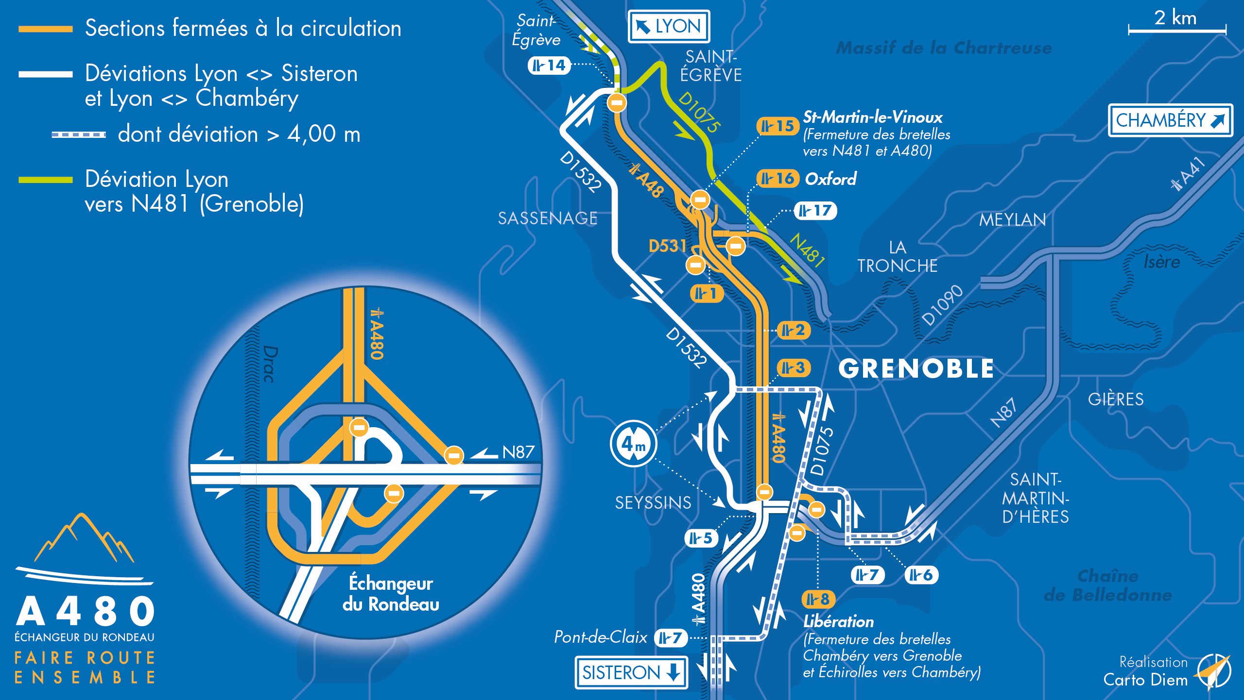 Carte de déviation suite à l'aménagement de l'autoroute urbaine A480 par les équipes d'AREA