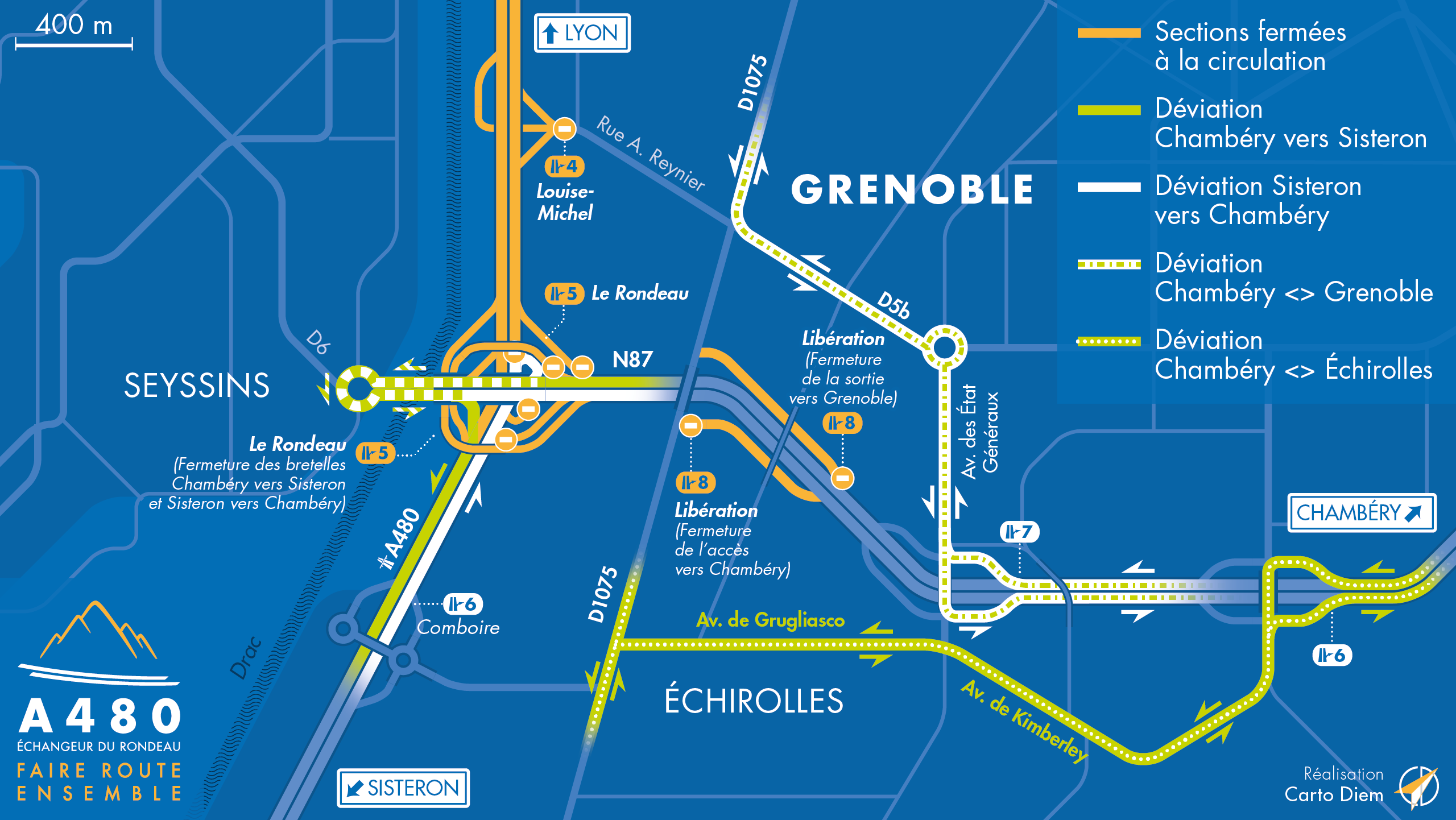 Carte de déviation suite aux travaux menés par la DREAL dans le cadre de l'aménagement de l'autoroute urbaine A480
