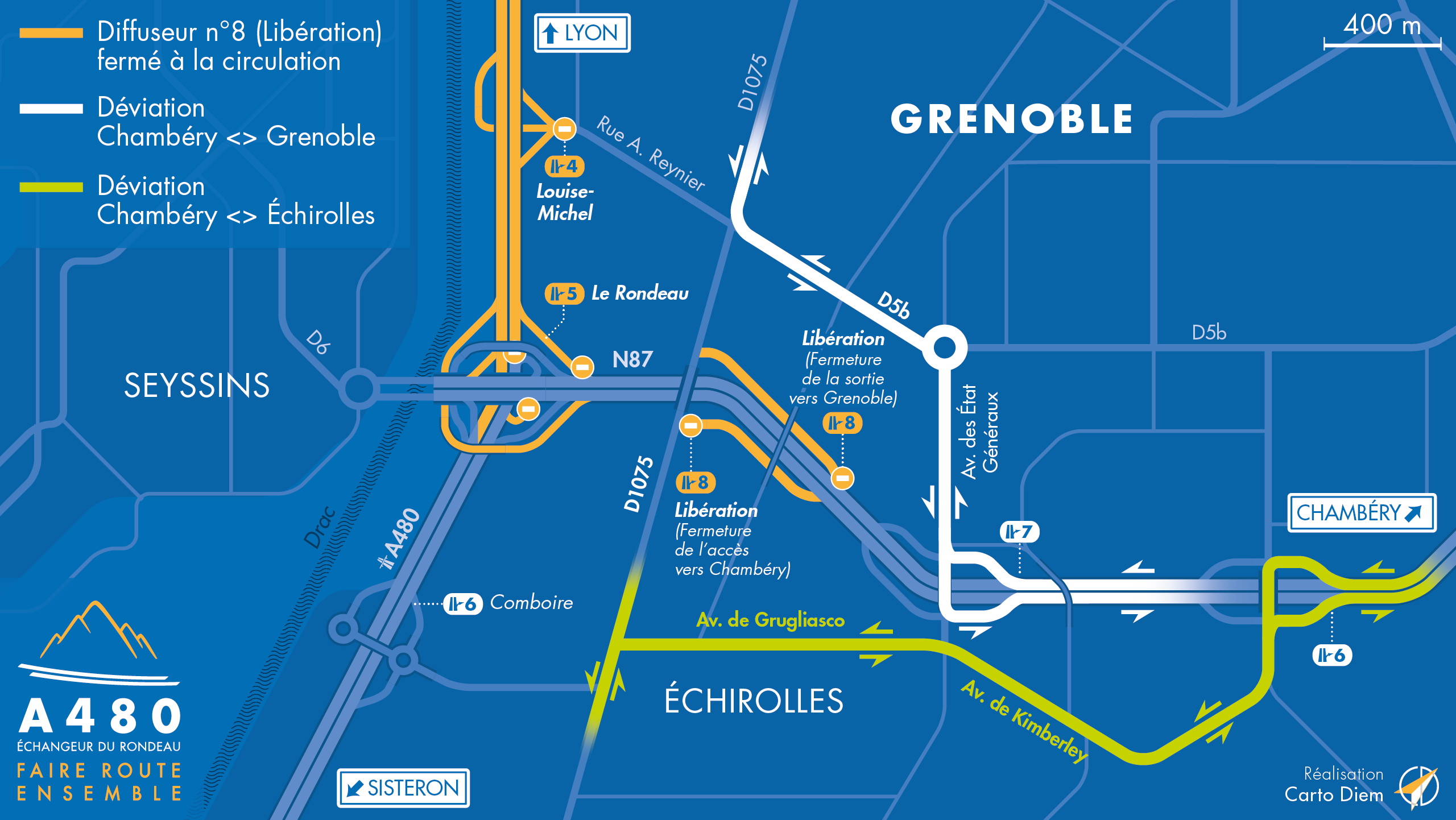 Carte de déviation suite aux travaux menés par la DREAL dans le cadre de l'aménagement de l'autoroute urbaine A480
