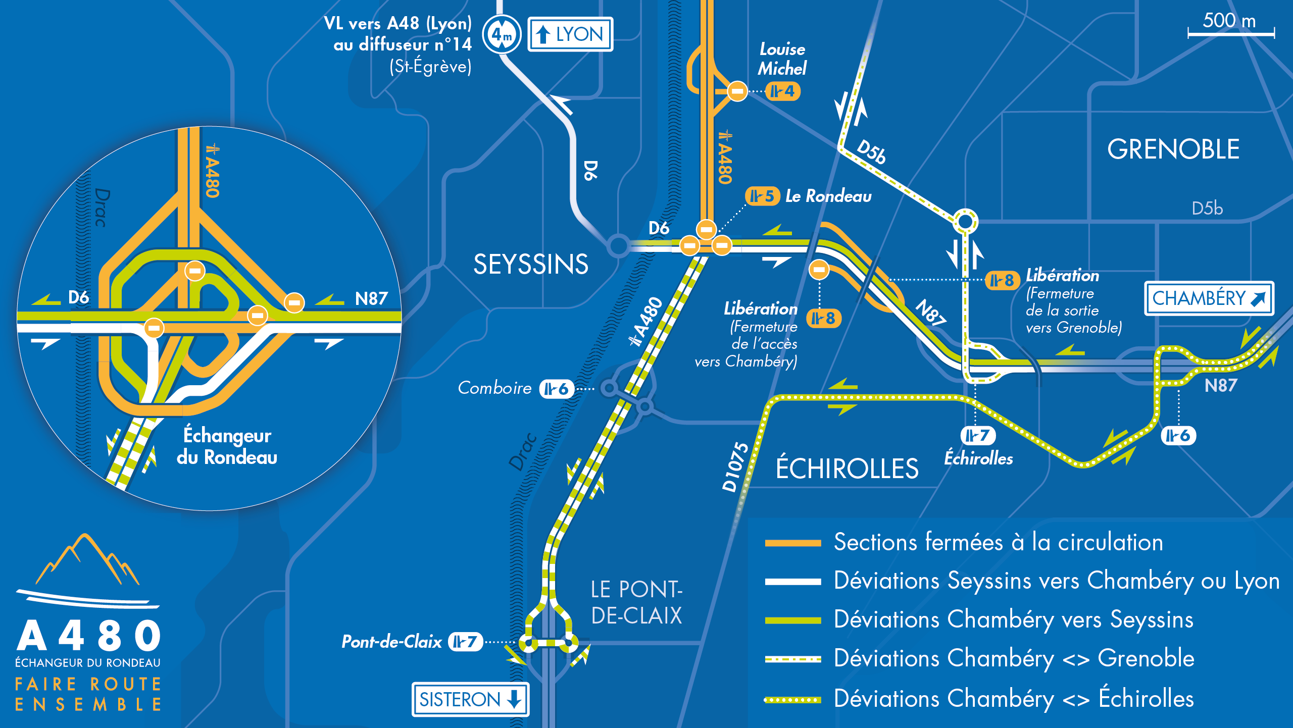 Carte de déviation suite aux travaux menés par la DREAL dans le cadre de l'aménagement de l'autoroute urbaine A480