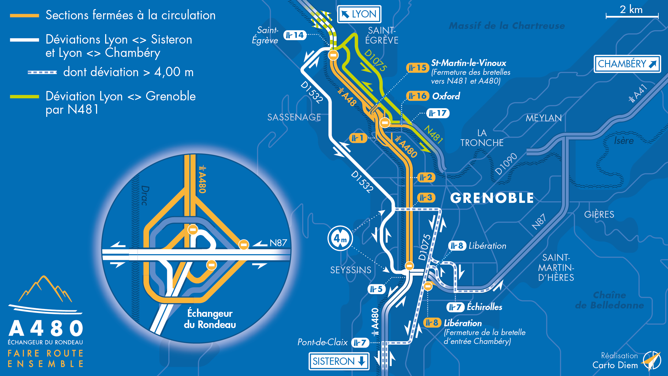 Carte de déviation suite à l'aménagement de l'autoroute urbaine A480 par les équipes d'AREA