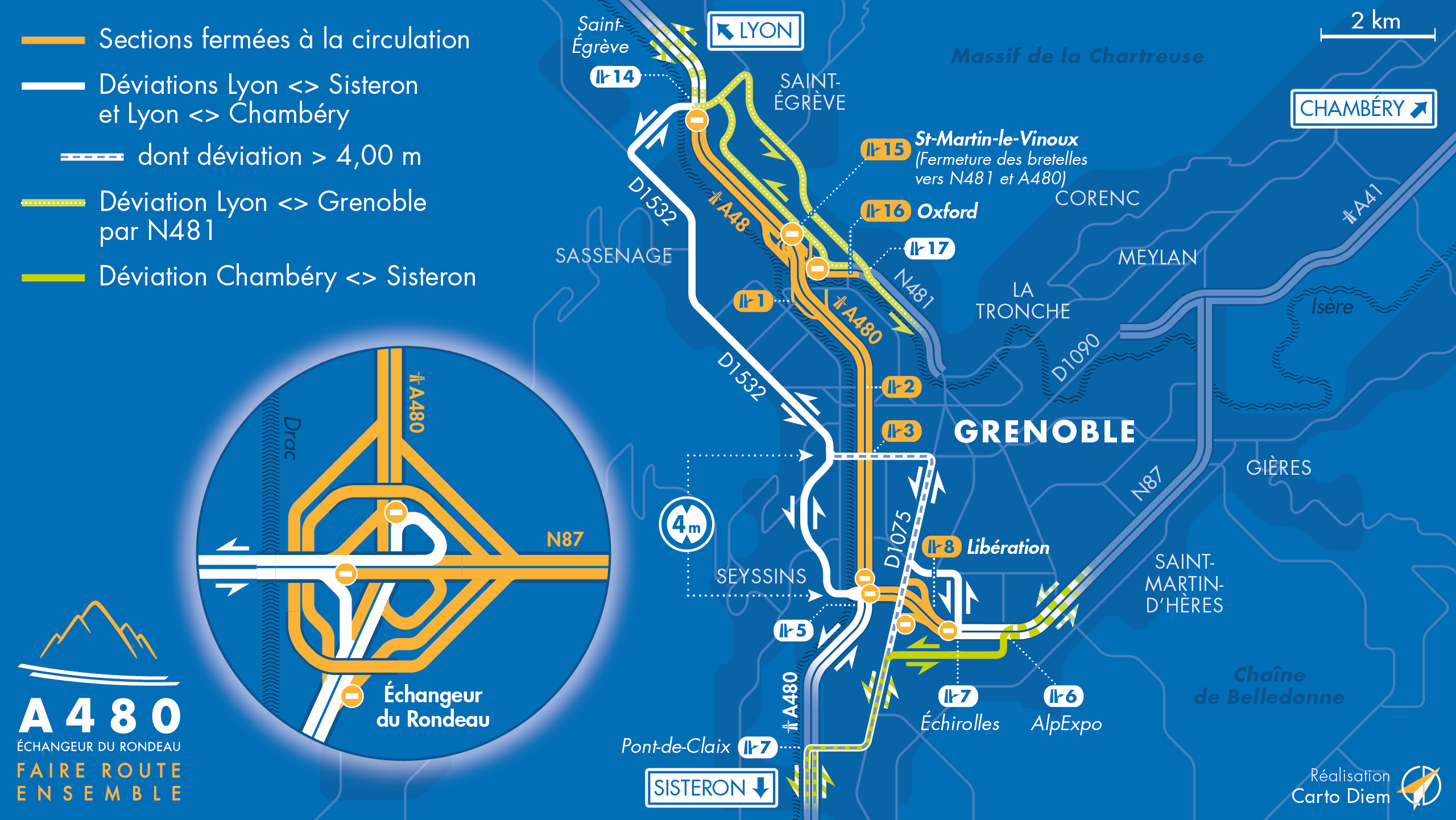 Carte de déviation suite à l'aménagement de l'autoroute urbaine A480 par les équipes d'AREA