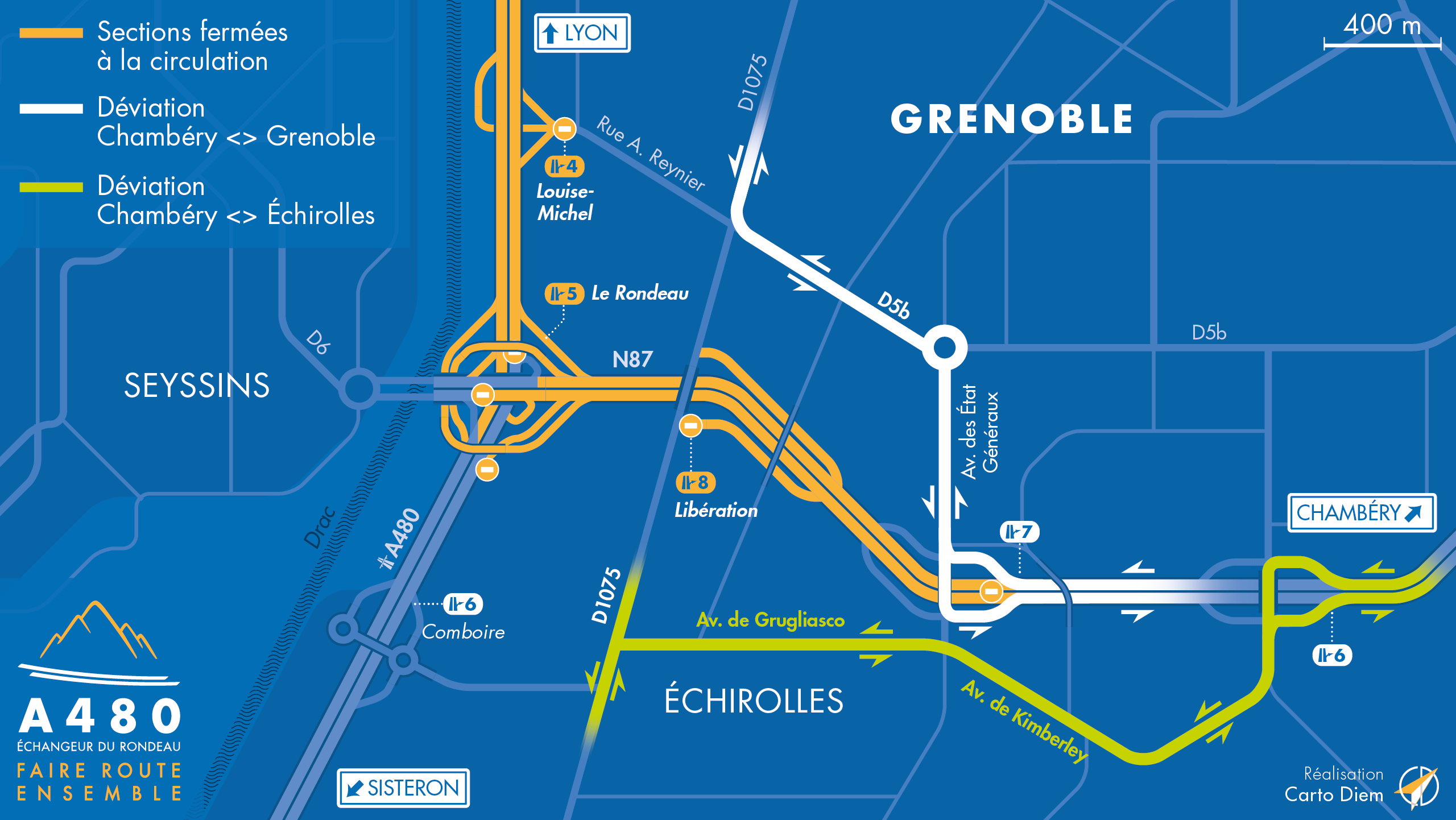 Carte de déviation suite à l'aménagement de la N87 dans le cadre du projet d'autoroute urbaine A480 par les équipes de la DREAL