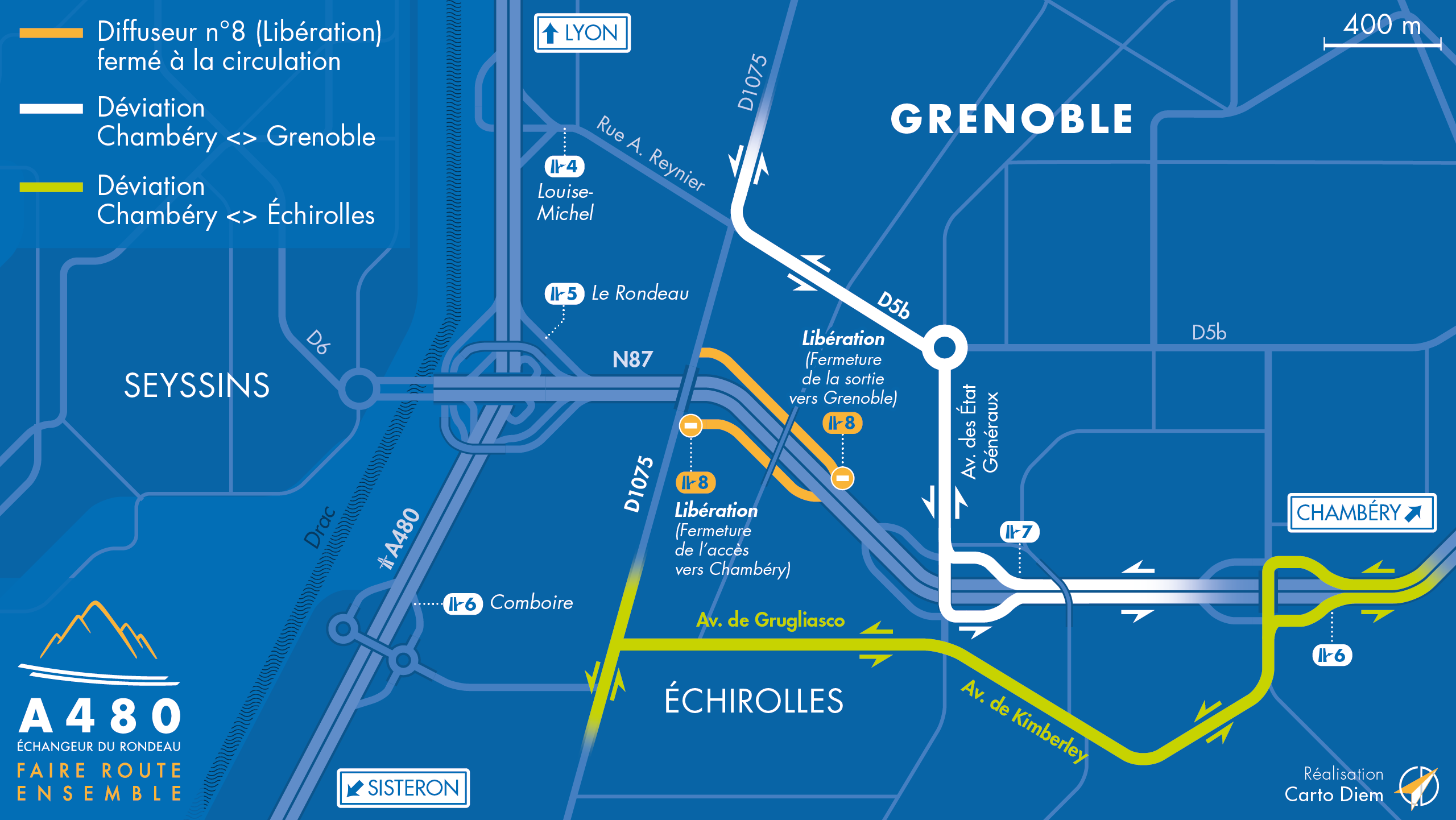 Carte de déviation suite aux travaux menés par la DREAL dans le cadre de l'aménagement de l'autoroute urbaine A480