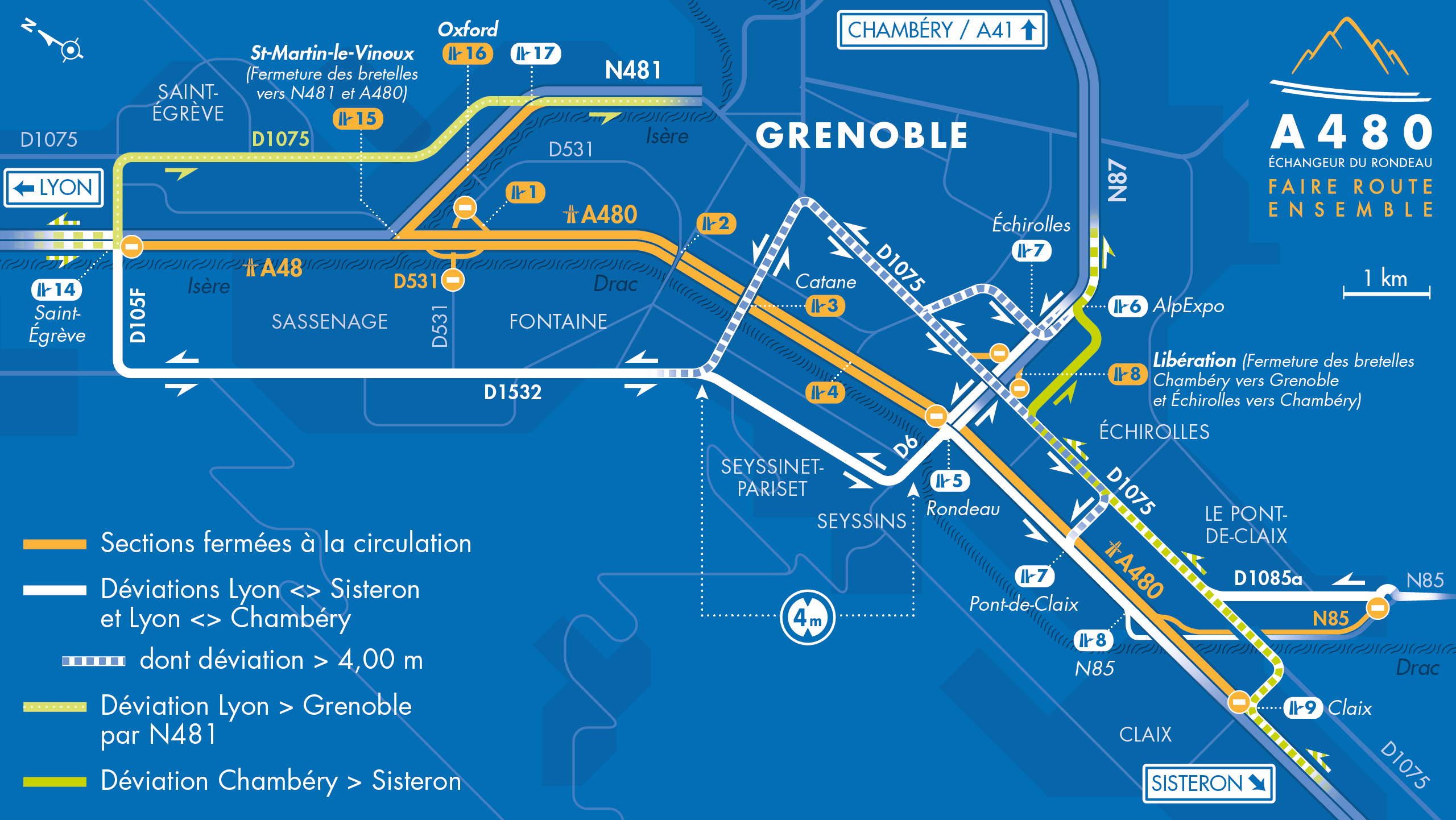 Carte de déviation suite à l'aménagement de l'autoroute urbaine A480 par les équipes d'AREA