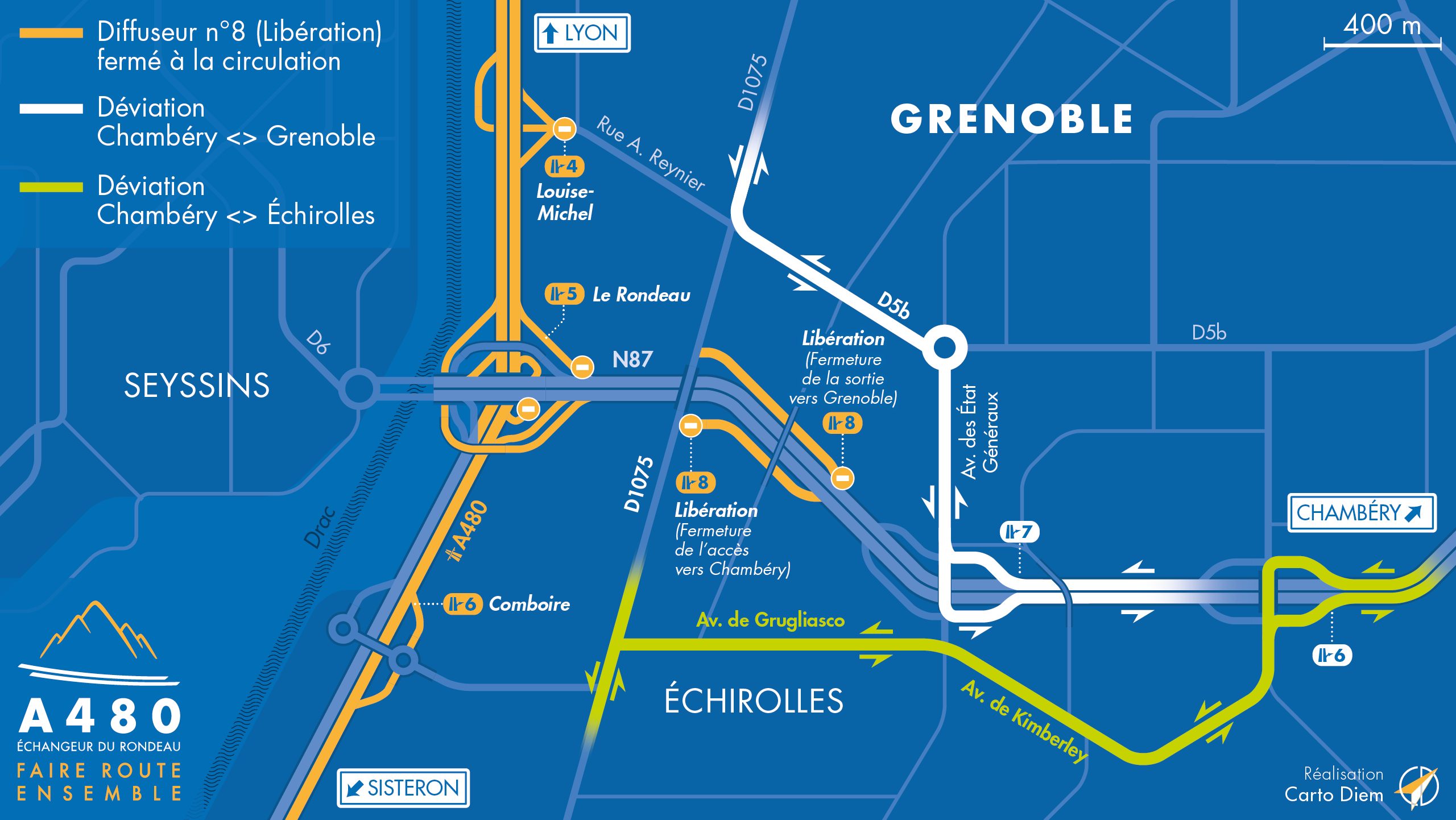 Carte de déviation suite aux travaux menés par la DREAL dans le cadre de l'aménagement de l'autoroute urbaine A480