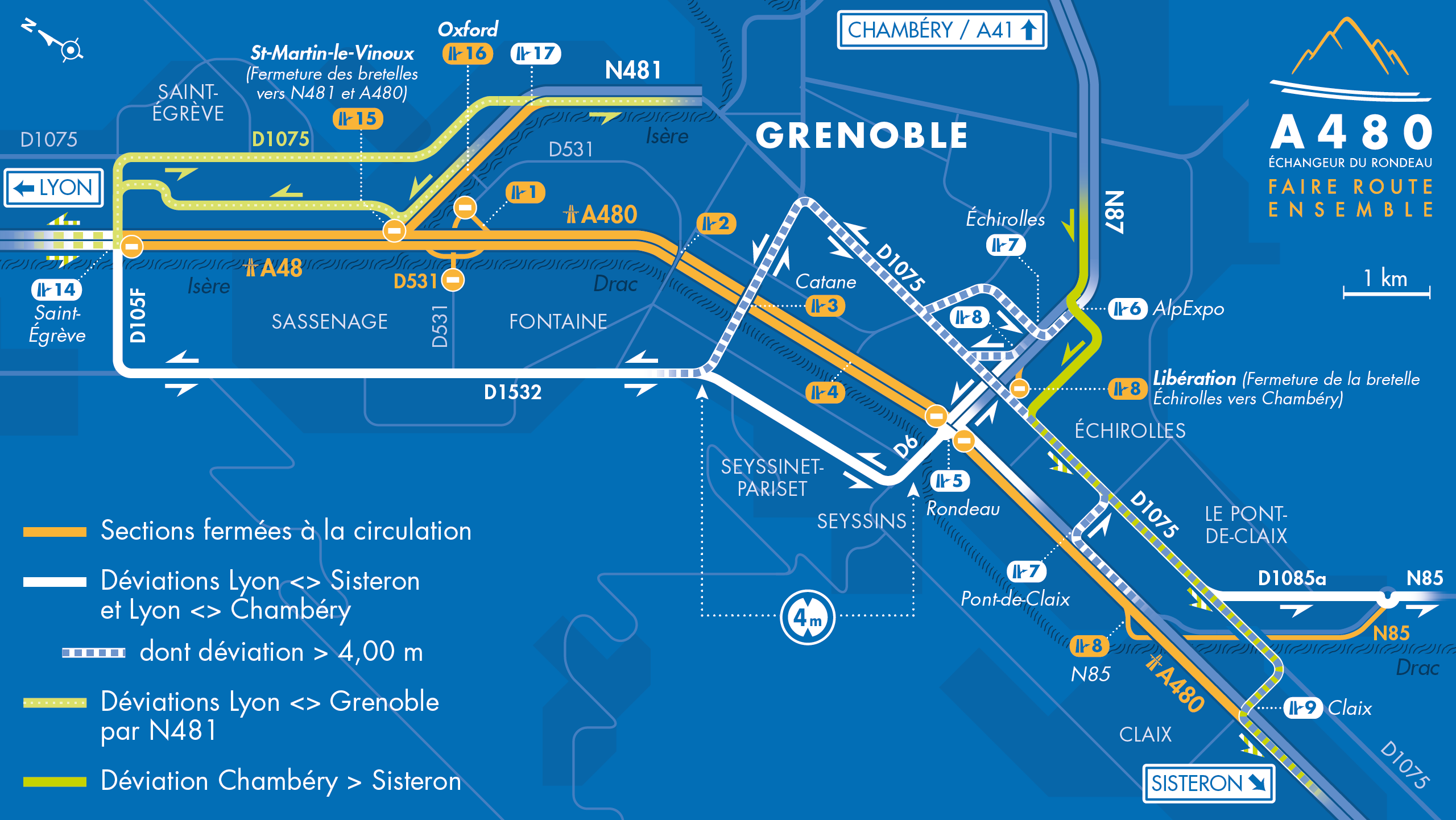 Carte de déviation suite à l'aménagement de l'autoroute urbaine A480 par les équipes d'AREA