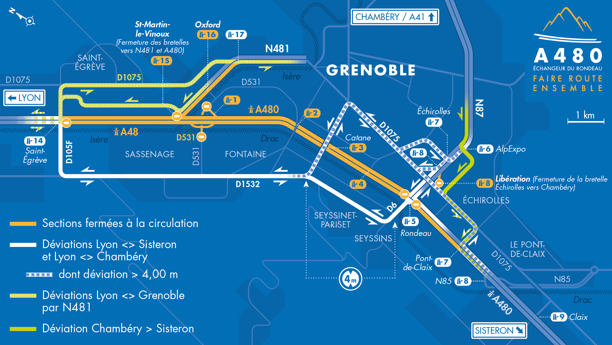 Carte de déviation suite à l'aménagement de l'autoroute urbaine A480 par les équipes d'AREA