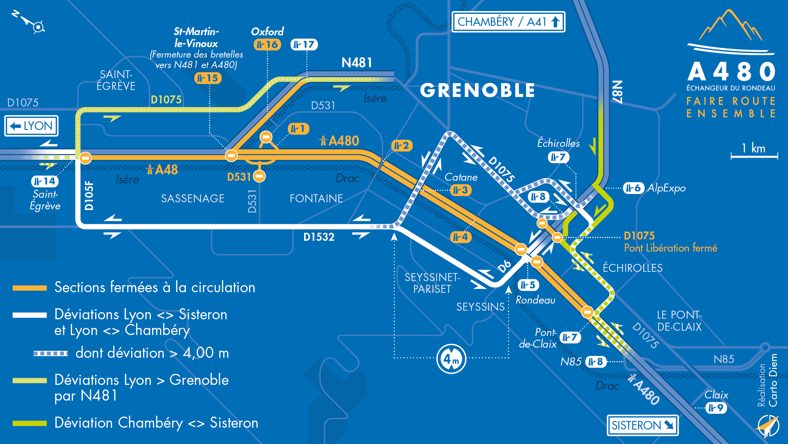 Carte de déviation suite à l'aménagement de l'autoroute urbaine A480 par les équipes d'AREA