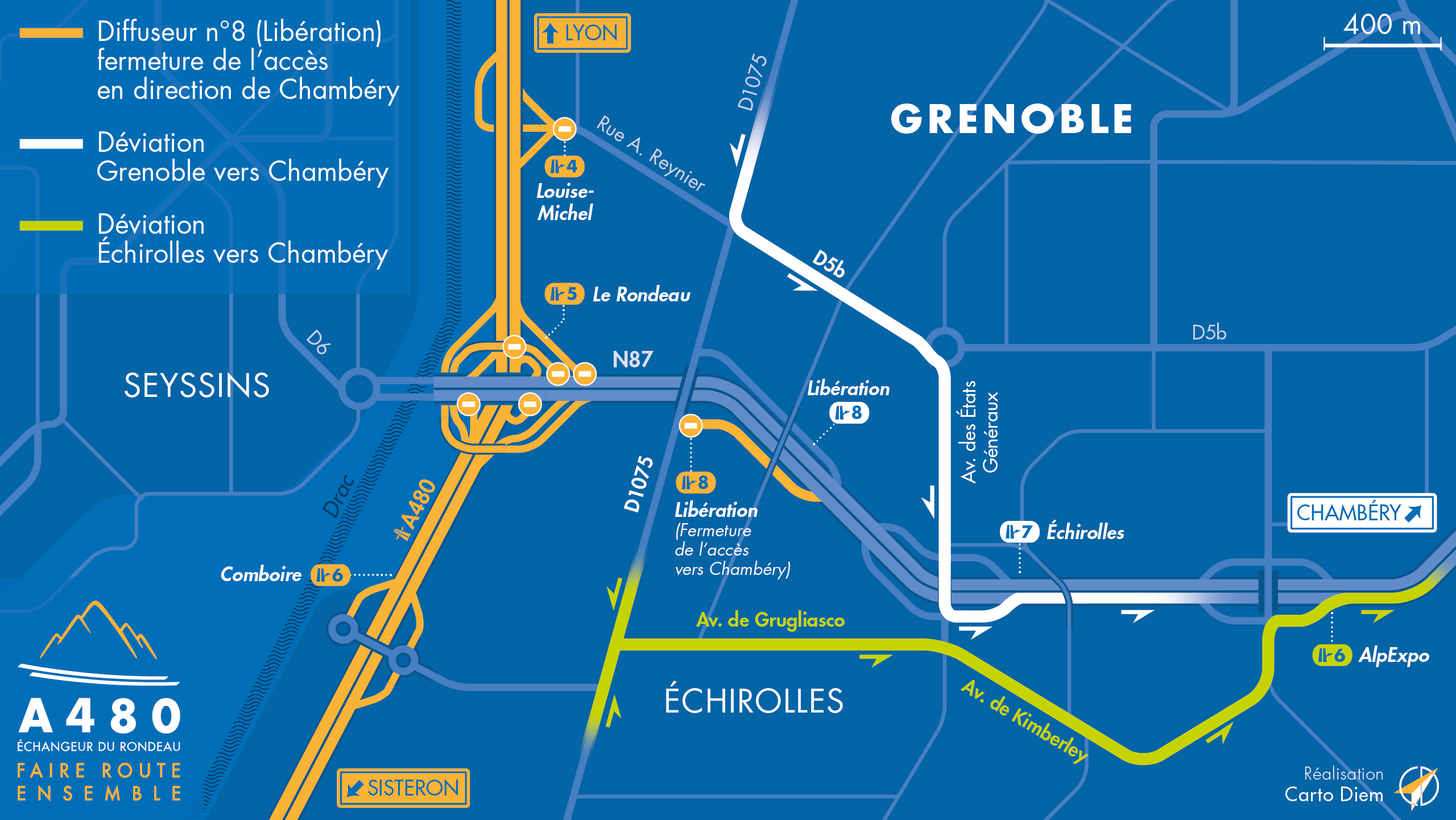 Carte de déviation suite à l'aménagement de l'autoroute urbaine A480 par les équipes d'AREA