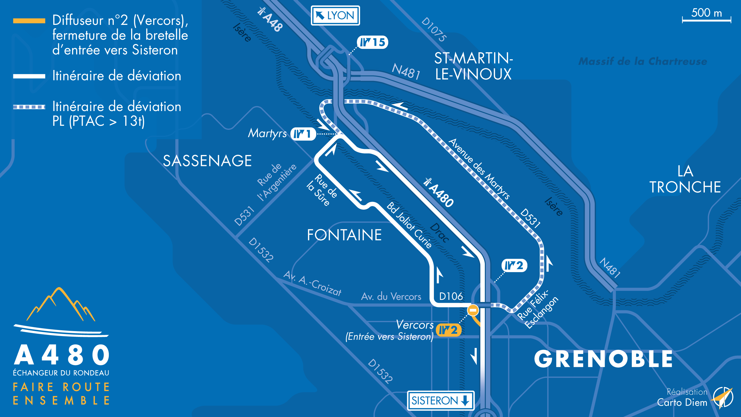 carte de déviation suite à la fermeture de la bretelle d'entrée en direction de sisteron sur le diffuseur de Vercors de l'autotroute urbaine A480