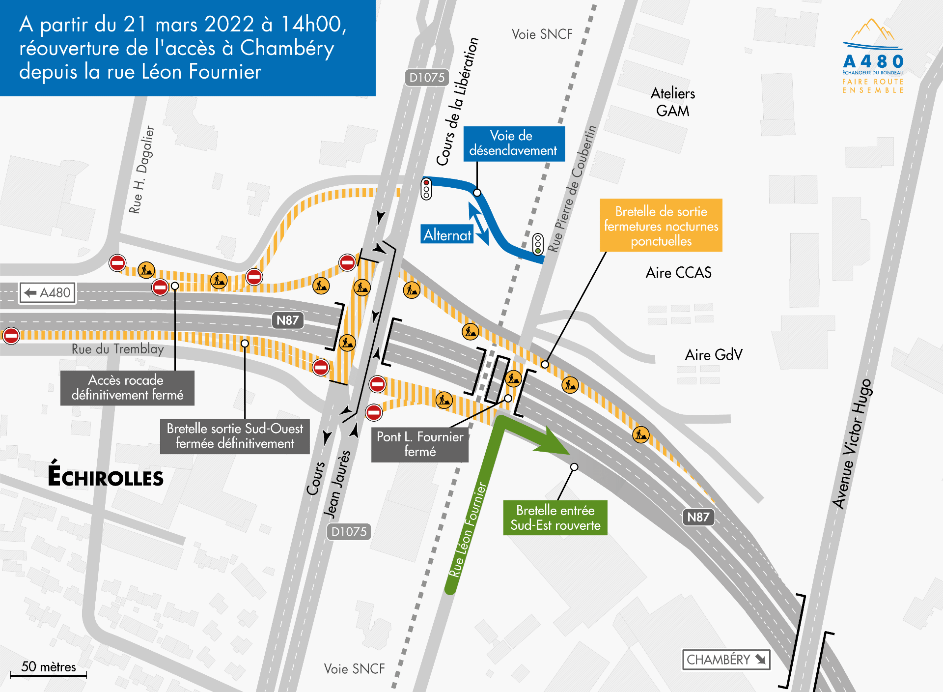 Carte des travaux sur le secteur de la Libération sur la nationale N87