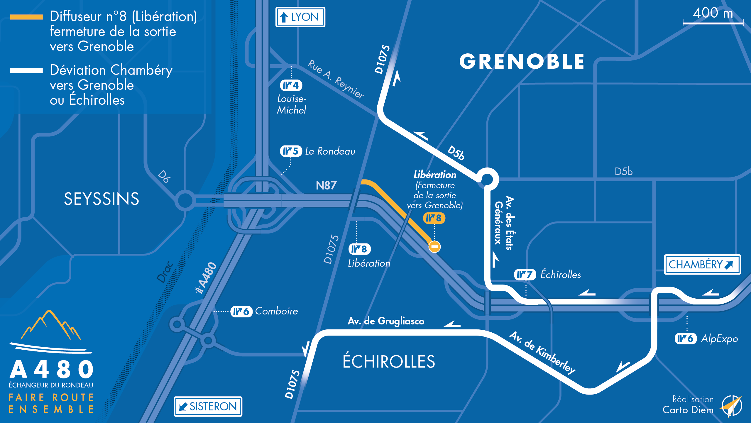 Carte de déviation suite à la fermeture de la bretelle de sortie Nord de l'échangeur Libération (n°8) depuis la N87