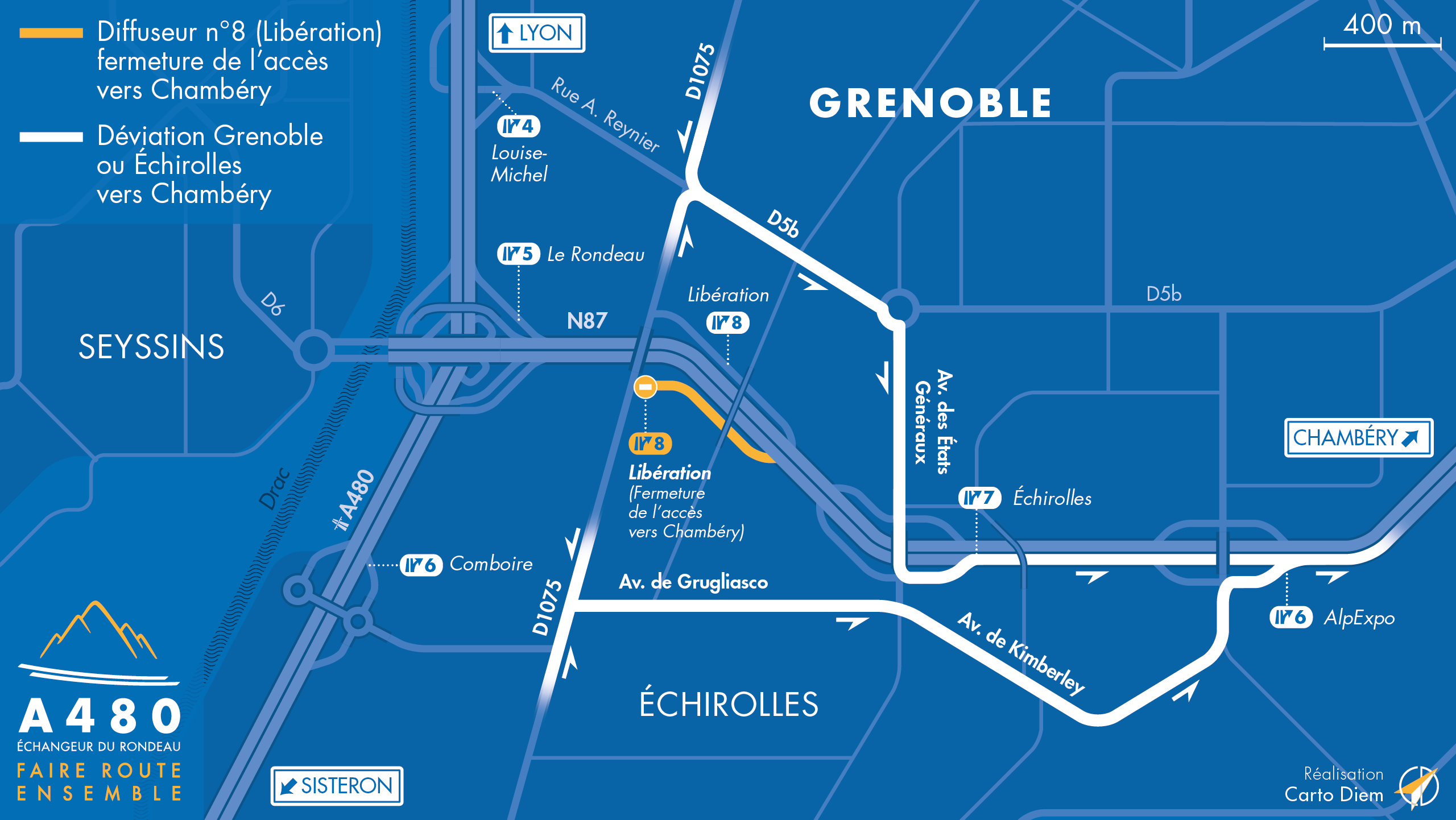 Carte de déviation suite à la fermeture de la bretelle d'entrée Sud de l'échangeur Libération (n°8) en direction de la N87