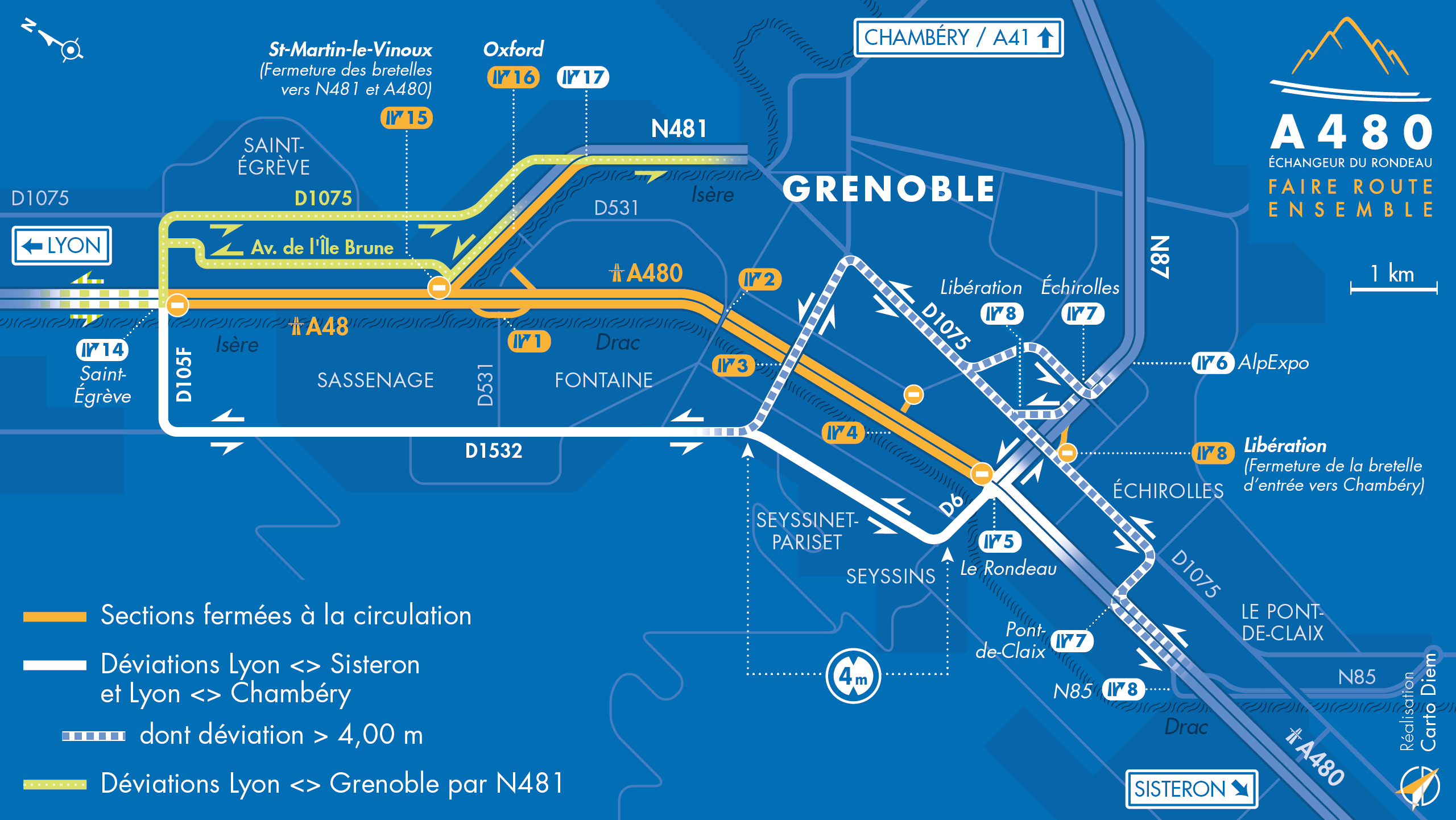 Carte de déviation suite à l'aménagement de l'autoroute urbaine A480 par les équipes d'AREA