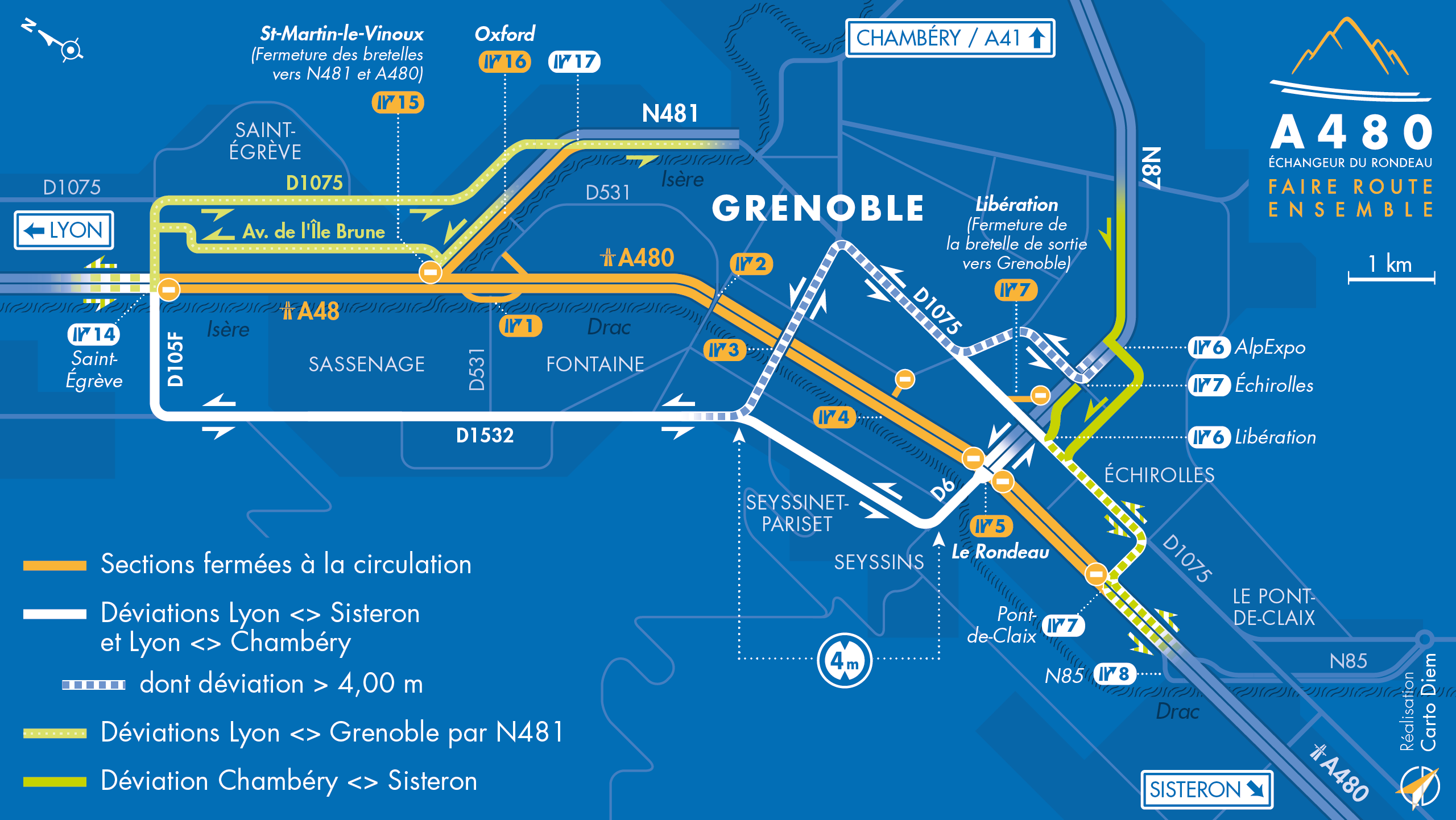 Carte de déviation suite à l'aménagement de l'autoroute urbaine A480 par les équipes d'AREA